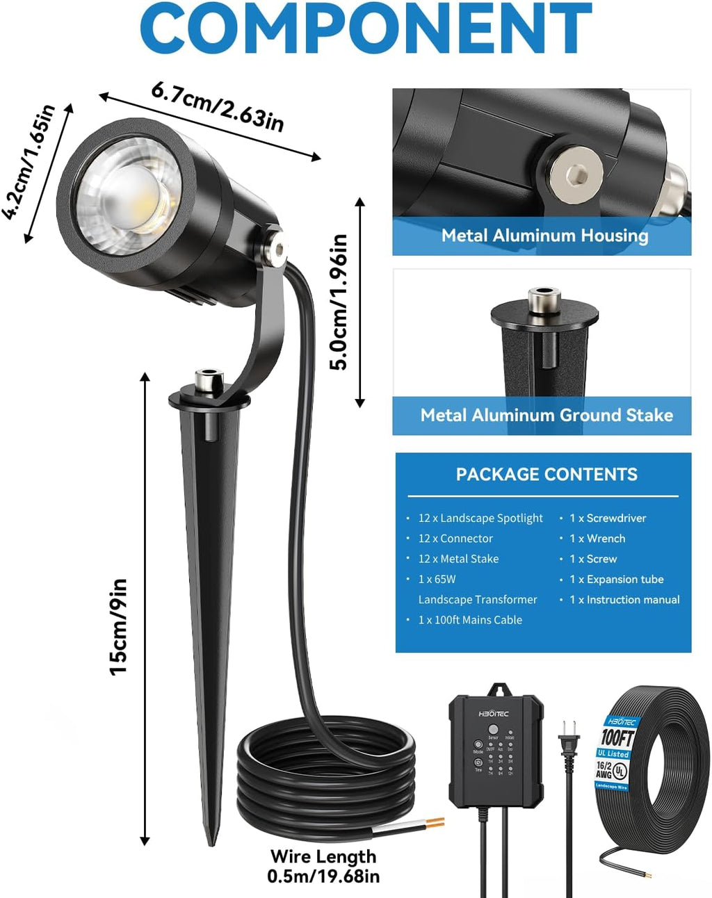 HIBOITEC All-in-One 5W LED Landscape Lighting Kit, 2700K Low Voltage landscape light with Transformer, 100FT Wires and Connectors, Waterproof Spotlights Landscape Lights for House Yard Garden, 12 Pack