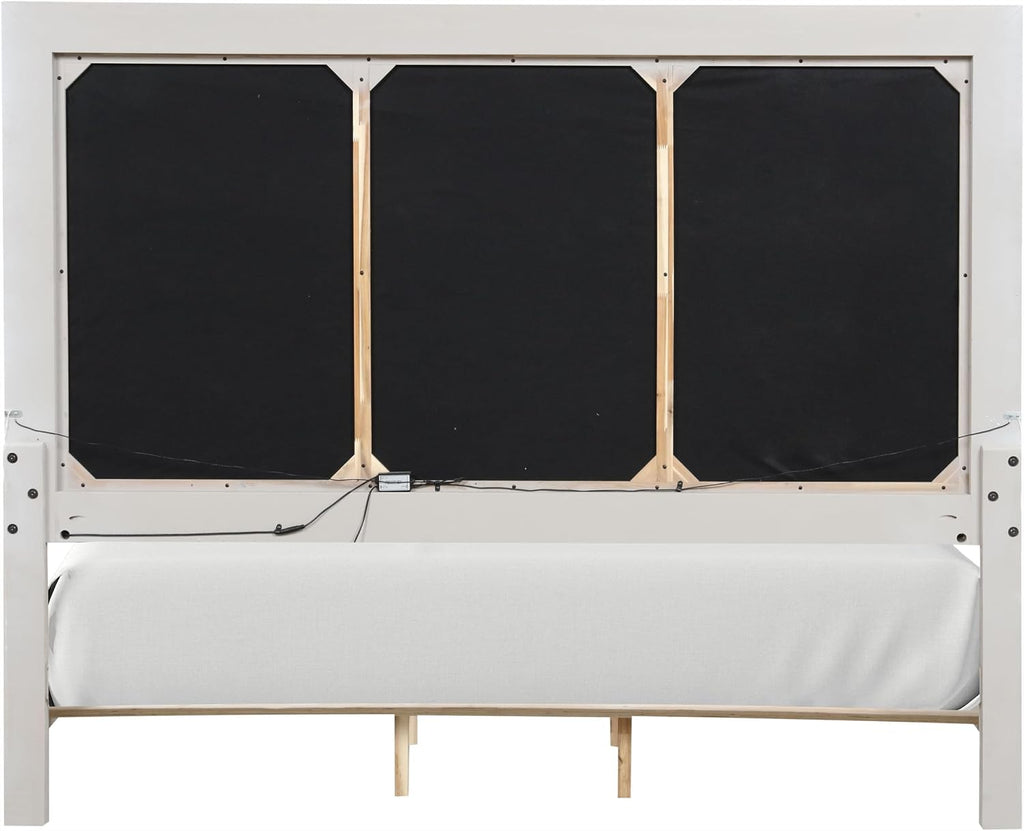 Furniture of America Bailer Modern Solid Wood 5-Piece Bedroom Set with LED on Headboard, Stainless Steal Posts and Marble Top on Nightstand, Box Spring Needed, King, Weathered Gray