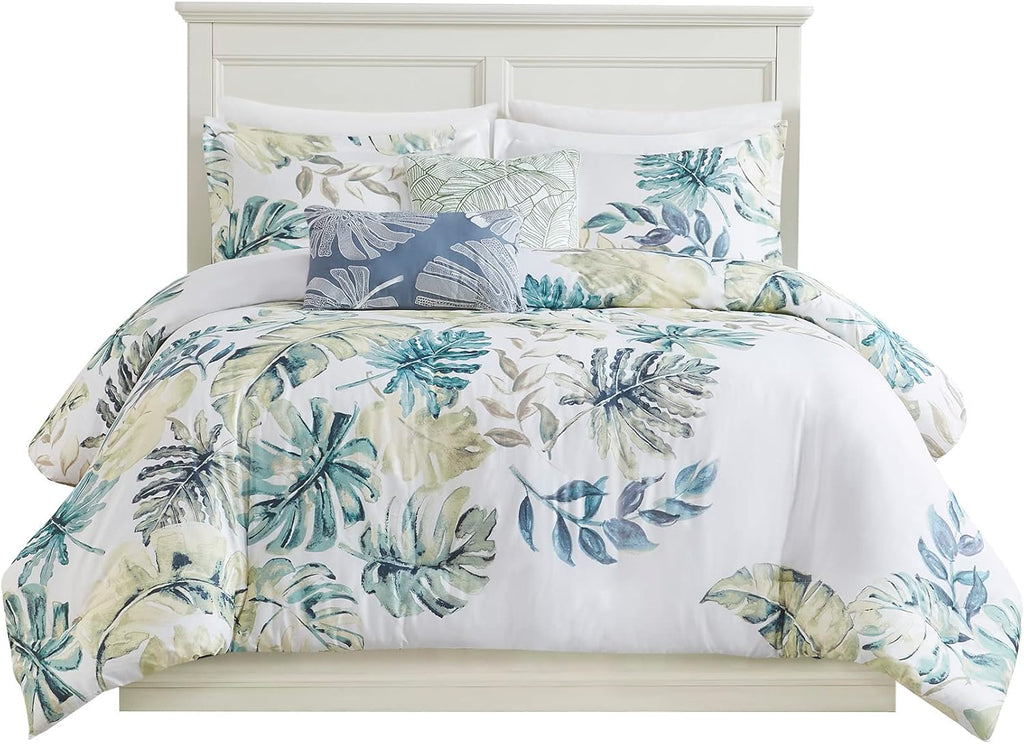 Harbor House 100% Cotton Duvet Cover, Coastal, Beach Cottage Design, All Season, Breathable Comforter Cover Tropical Bedding, Matching Shams, Lorelai Monstera Leaf Green Full/Queen (90'x90') 5 Piece