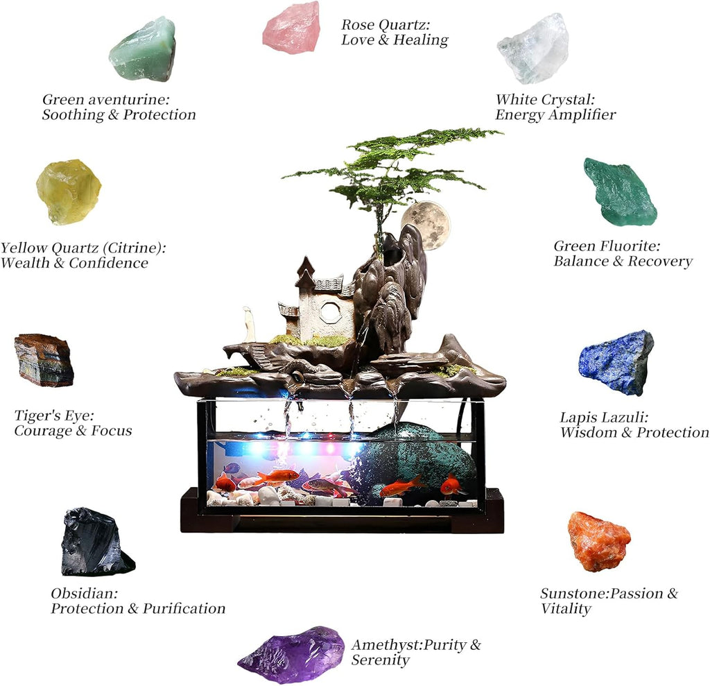 Desktop Ceramic Water Fountain Fish Tank - Adjustable Water Flow with LED Lights | Indoor Decoration Fortune Gifts+15 PCS Free Crystals (Style 5)