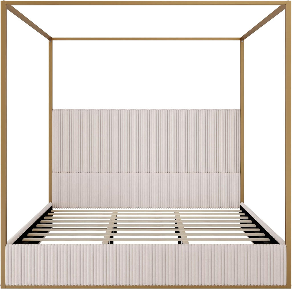 Modern Luxury 4-Poster Canopy Platform Bed King Size with Velvet Upholstered Tall Headboard, Metal Canopied Design Platform Bed Frame with Strong Slats Support (Beige+Gold-King)
