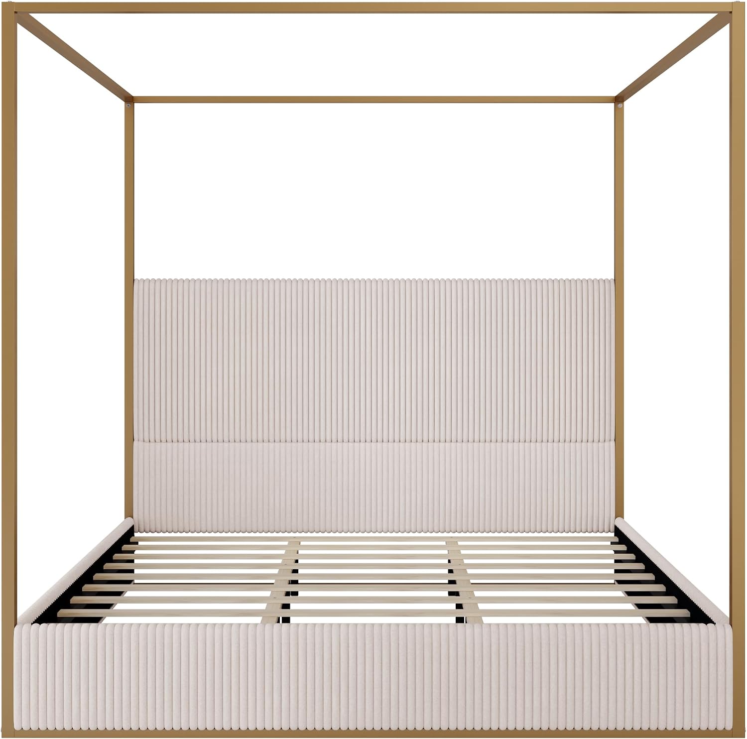 Modern Luxury 4-Poster Canopy Platform Bed King Size with Velvet Upholstered Tall Headboard, Metal Canopied Design Platform Bed Frame with Strong Slats Support (Beige+Gold-King)