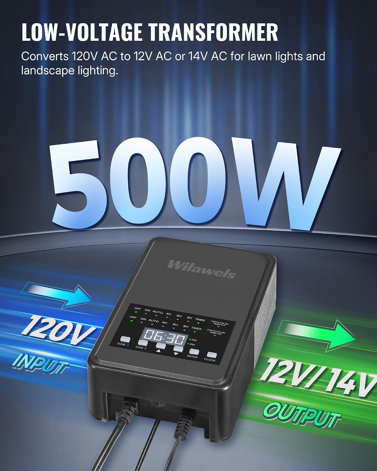 500W Low Voltage Landscape Transformer, 2 Zone Independent Control 120VAC to 12/14V AC Low Voltage Transformer, Landscape Lighting Transformer with Timer & Photocell Sensor ETL Listed D29LT06