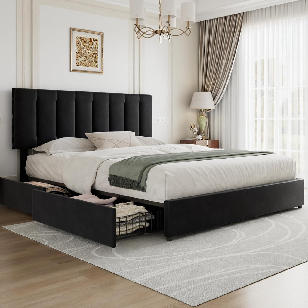 VECELO King Size Bed Frame with 4 Storage Drawers, Adjustable Height Headboard, Heavy-Duty Bedframe with Strong Wooden Slats, No Box Spring Needed, Black