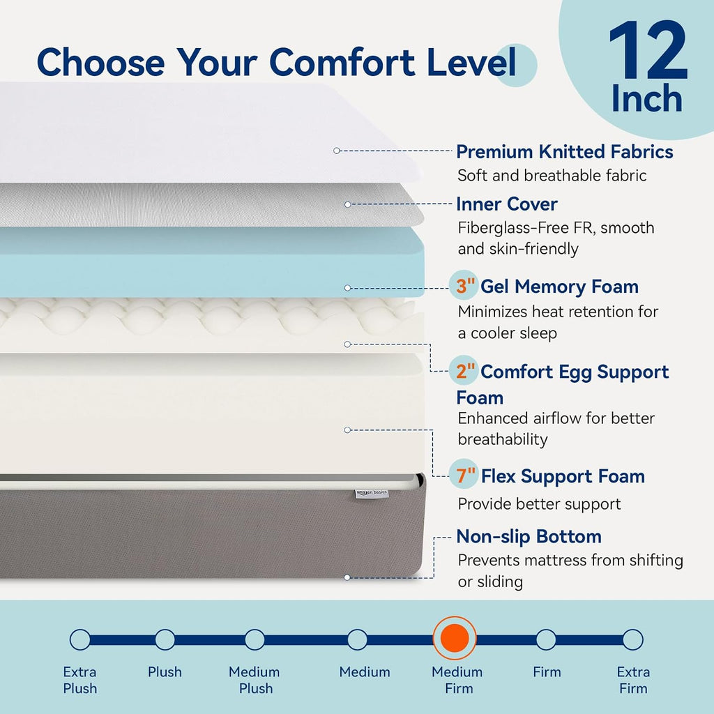 Amazon Basics Breathable Memory Foam Mattress, Medium Firm, 12 Inch, California King, White/Grey