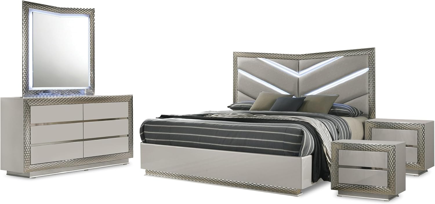 Furniture of America Racken Glam Solid Wood 5-Piece Bedroom Set with LED on Chevron Headboard, Plinth Base, Silver Molding, Metal Side Glide, Felt-Lined Top Drawer, No Box Spring Needed, King, Gray