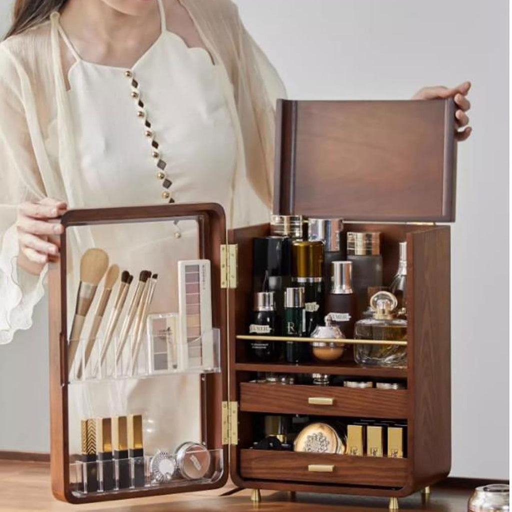 Makeup Organizer Solid Wood Makeup Storage Organizer Box Cabinet，Cosmetics storage display rack with Doors and Drawers，Dustproof, Elegant Display Cabinet，Suitable for Bathroom Countertop, Bedroom Dres