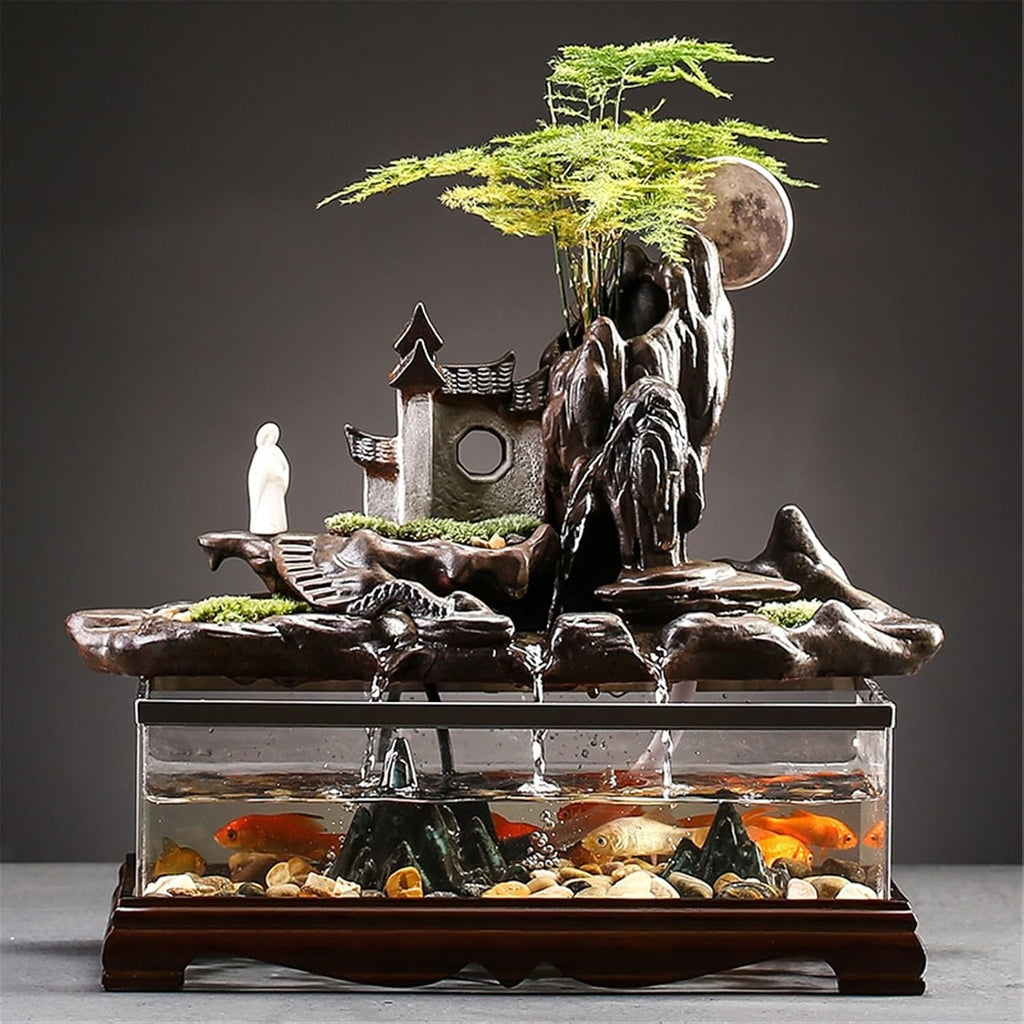 Indoor Tabletop Fountains, Ceramic Desktop Fountain Circulating Water Fish Tank Rockery Ornament 40.3x23.5x35.6cm