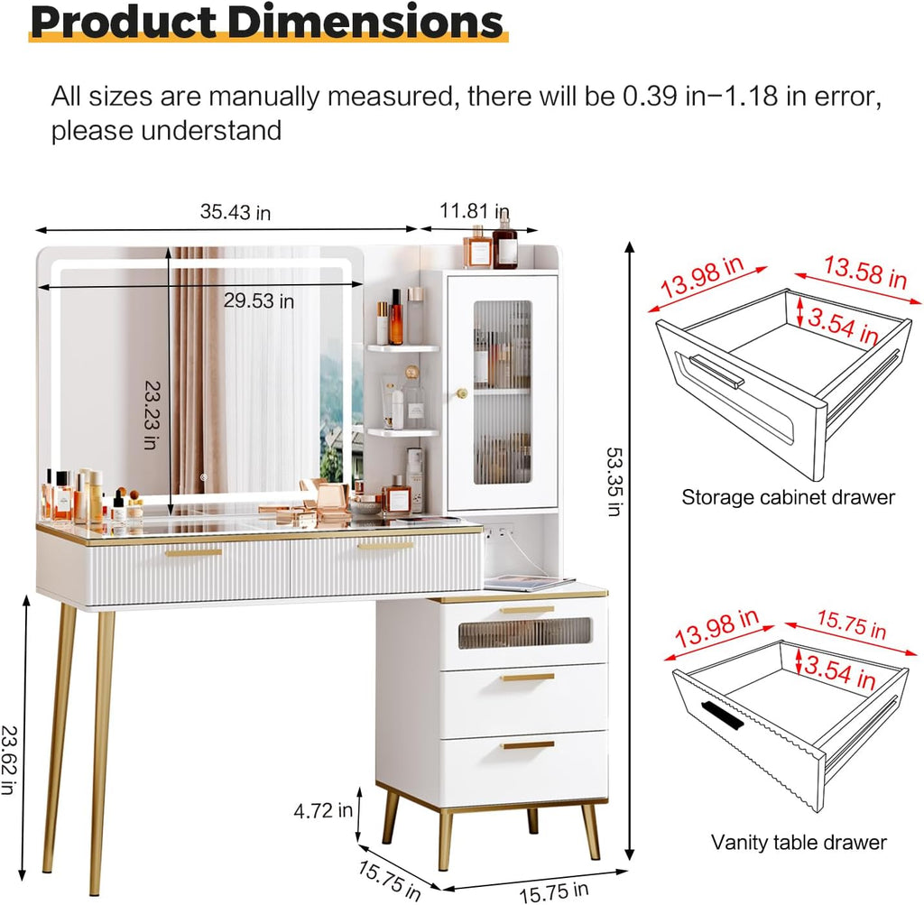 Arulvmrn Vanity Desk with 29.53' HD Lighted Mirror, 47.24' Big Modern Vanity Desk with Mirror and Lights, Makeup Vanity with 5 Drawers and Storage Shelves and Charging Station, White