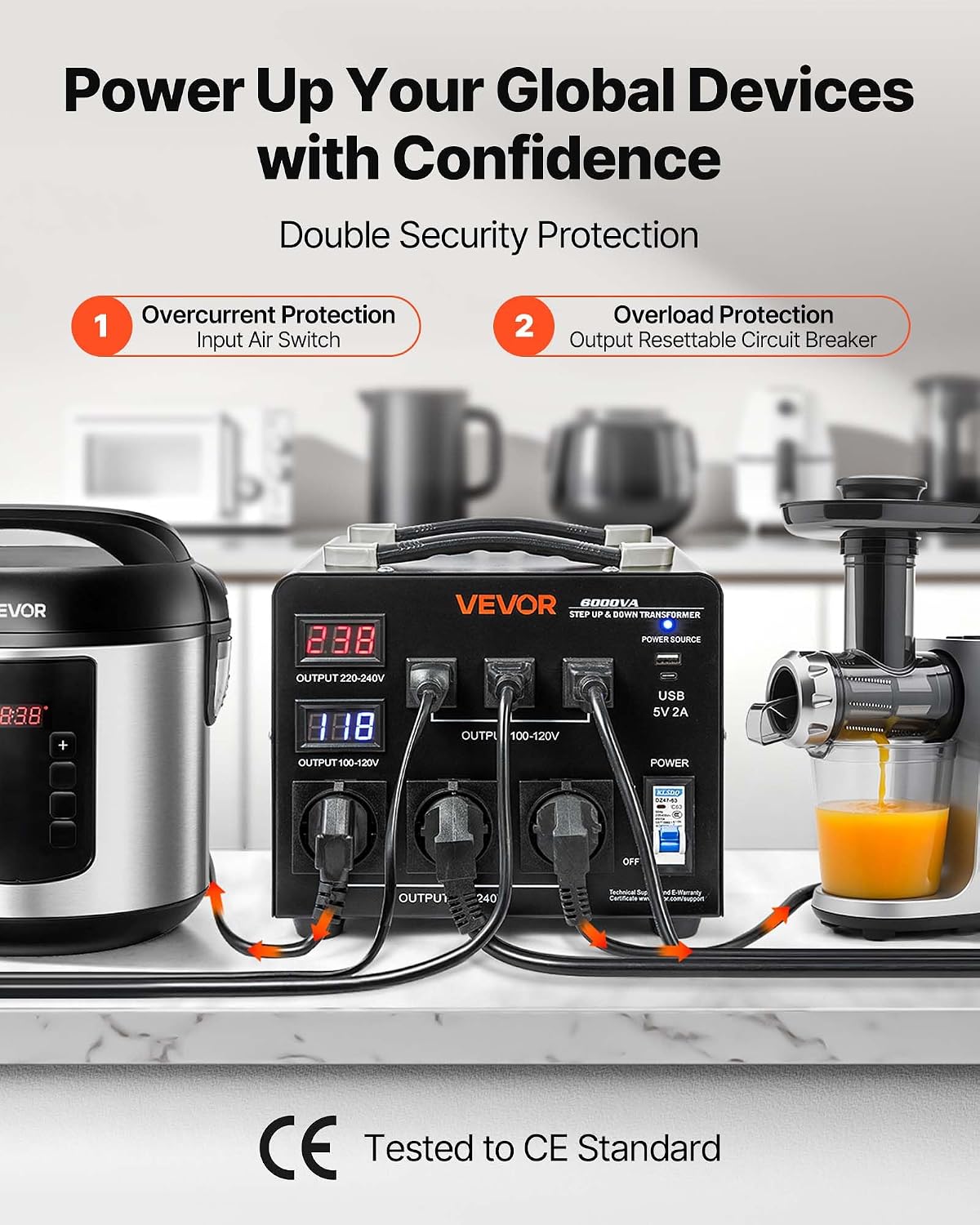 VEVOR Voltage Auto Converter Transformer, 6000VA, Heavy Duty Step Up/Down Power Transformer, 110V to 220V and 220V to 110V, with 3 US Outlets, 3 EU Outlets, LCD Display, Circuit Breaker Protection