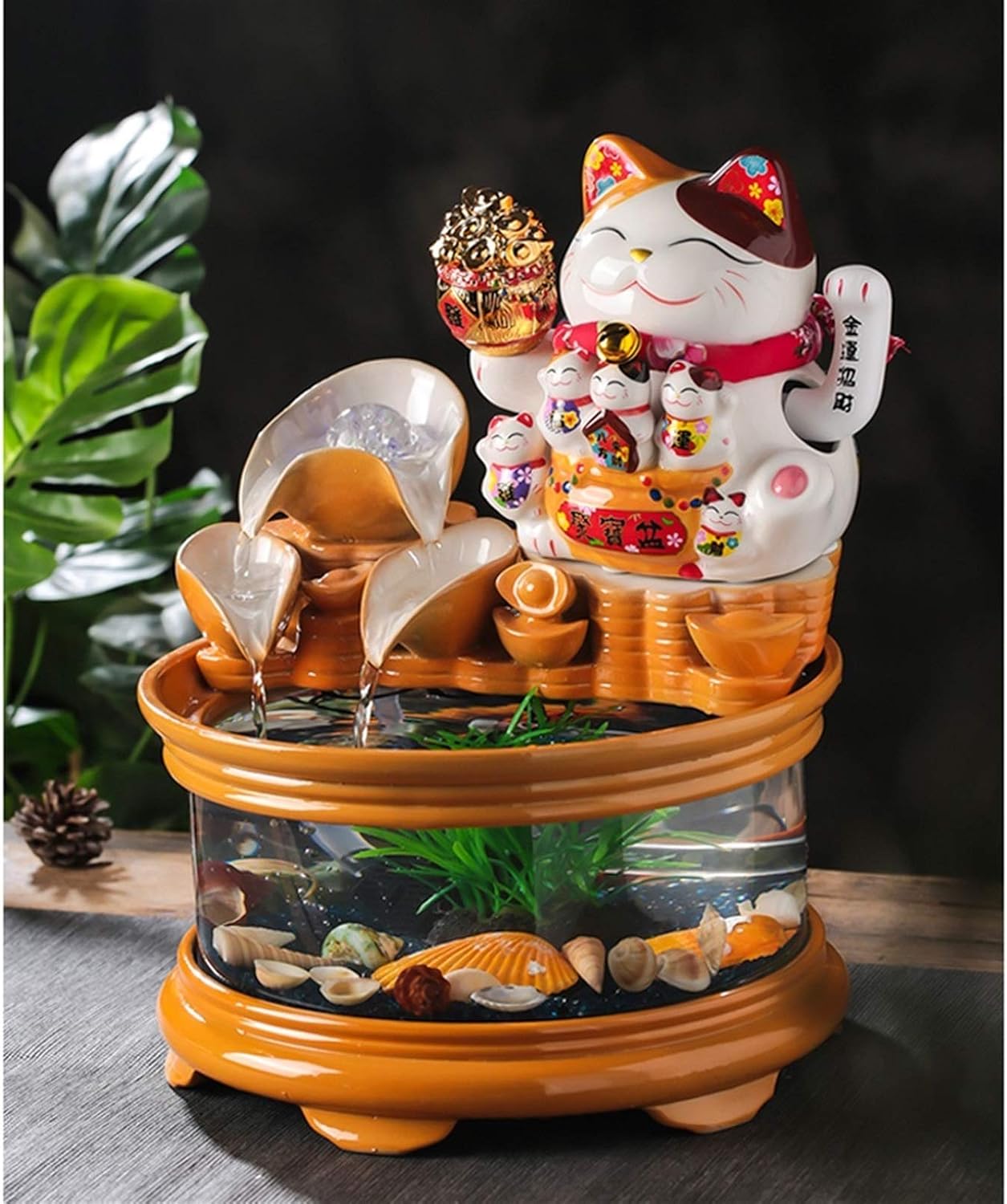 Fountain Waterfall Glass Fish Tank with Lucky Cat, Indoor Ceramic Cascading Decorative Fountain for Home Office Tabletop Indoor Relax, Christmas Ideas