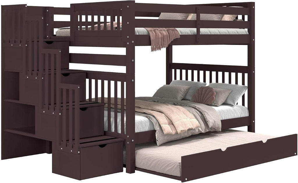 Bedz King Stairway Bunk Beds Full Over Full, 4 Step Drawers, Twin Trundle, Dark Cherry