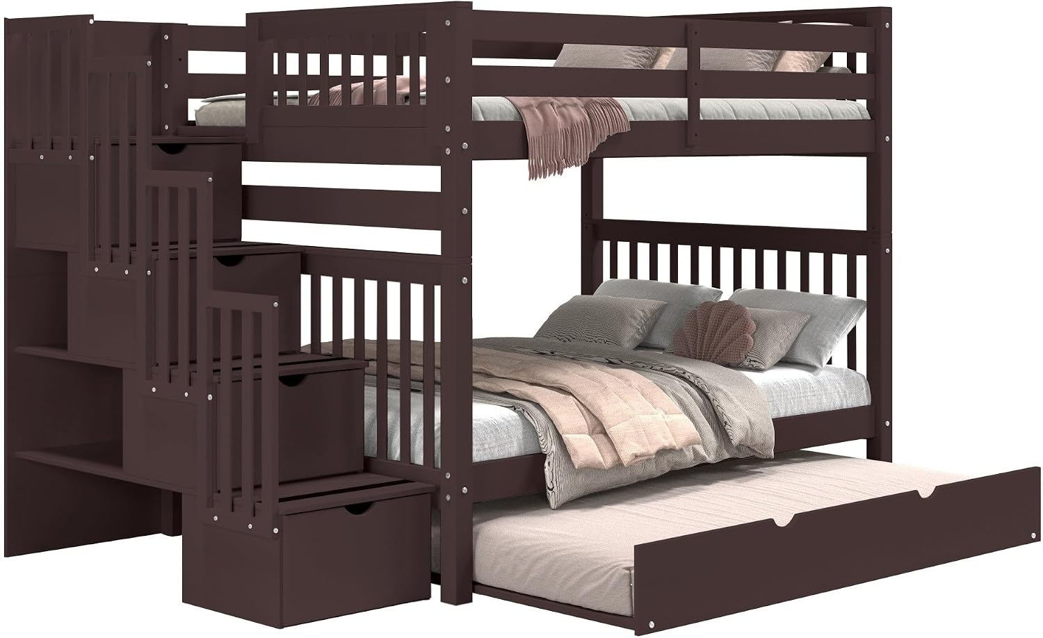 Bedz King Stairway Bunk Beds Full Over Full, 4 Step Drawers, Twin Trundle, Dark Cherry