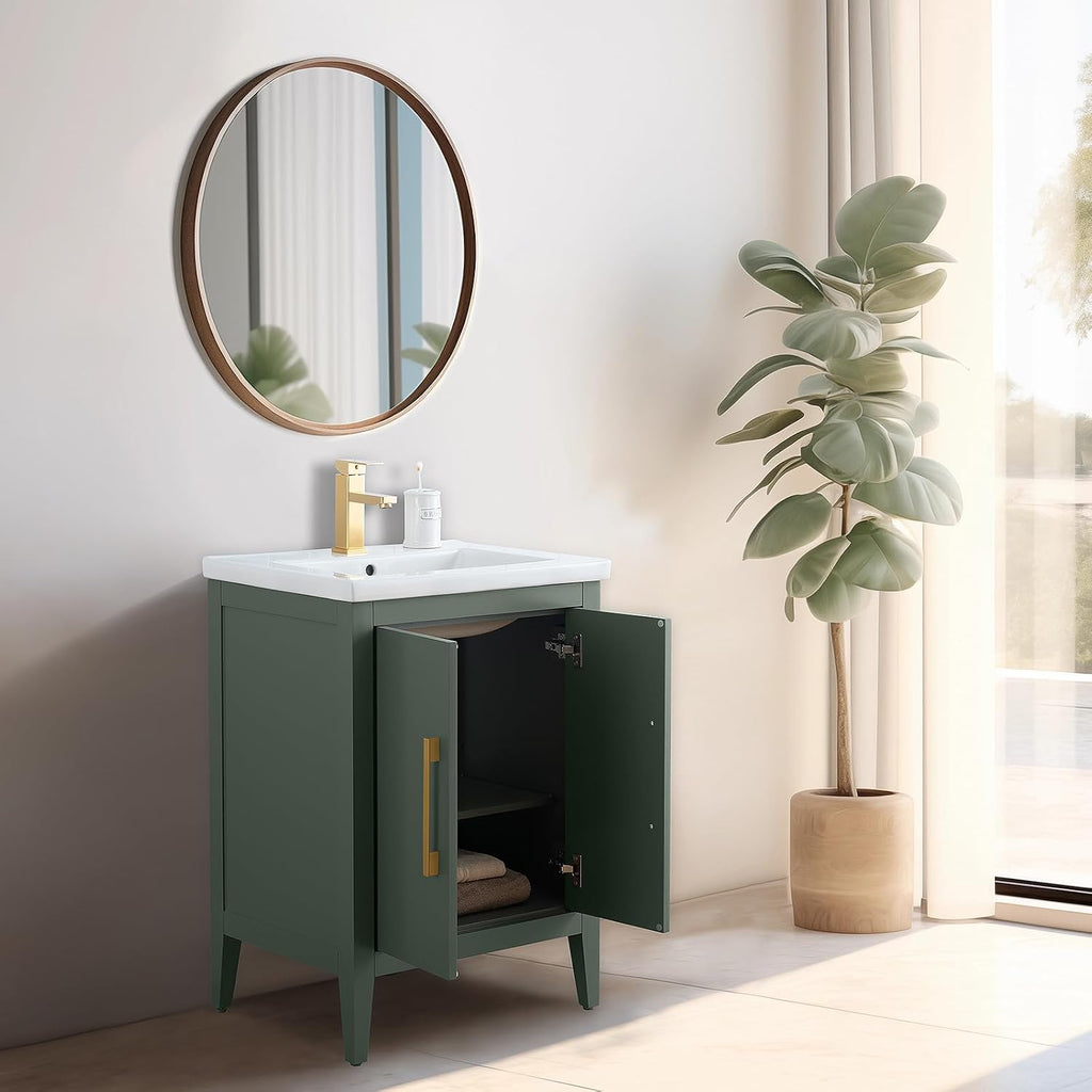 Vanity Art 24 inch Bathroom Vanity with Single Sink & Ceramic Top, Vanity Cabinet with Soft-Closing Doors, Solid Wood Frame, Vintage Green, VA9024-VG-BN1
