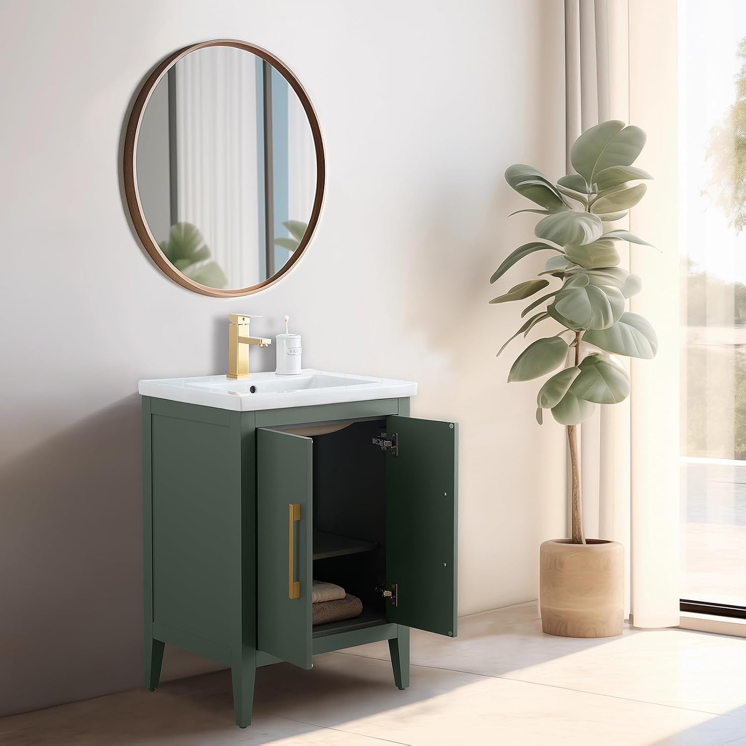 Vanity Art 24 inch Bathroom Vanity with Single Sink & Ceramic Top, Vanity Cabinet with Soft-Closing Doors, Solid Wood Frame, Vintage Green, VA9024-VG-BN1