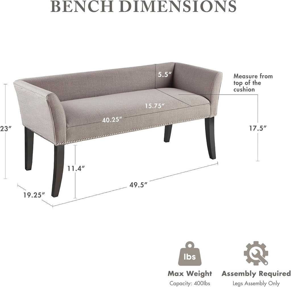 Madison Park Accent Bench, Upholstered with Nailhead Trim, & Padded Seat Entryway Bench Small, End of Bed Bench with Back, 49.5' W x 19.25' D x 23' H, Grey