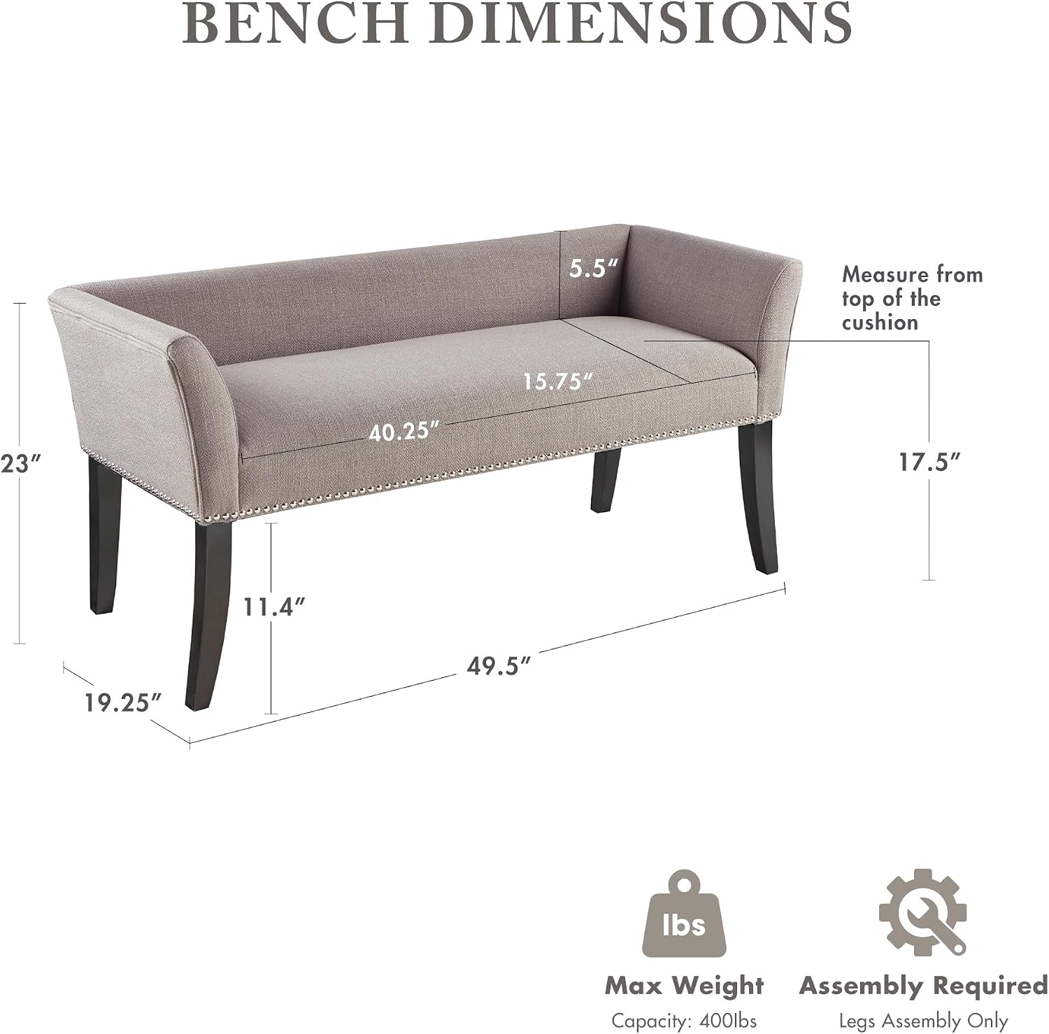 Madison Park Accent Bench, Upholstered with Nailhead Trim, & Padded Seat Entryway Bench Small, End of Bed Bench with Back, 49.5' W x 19.25' D x 23' H, Grey