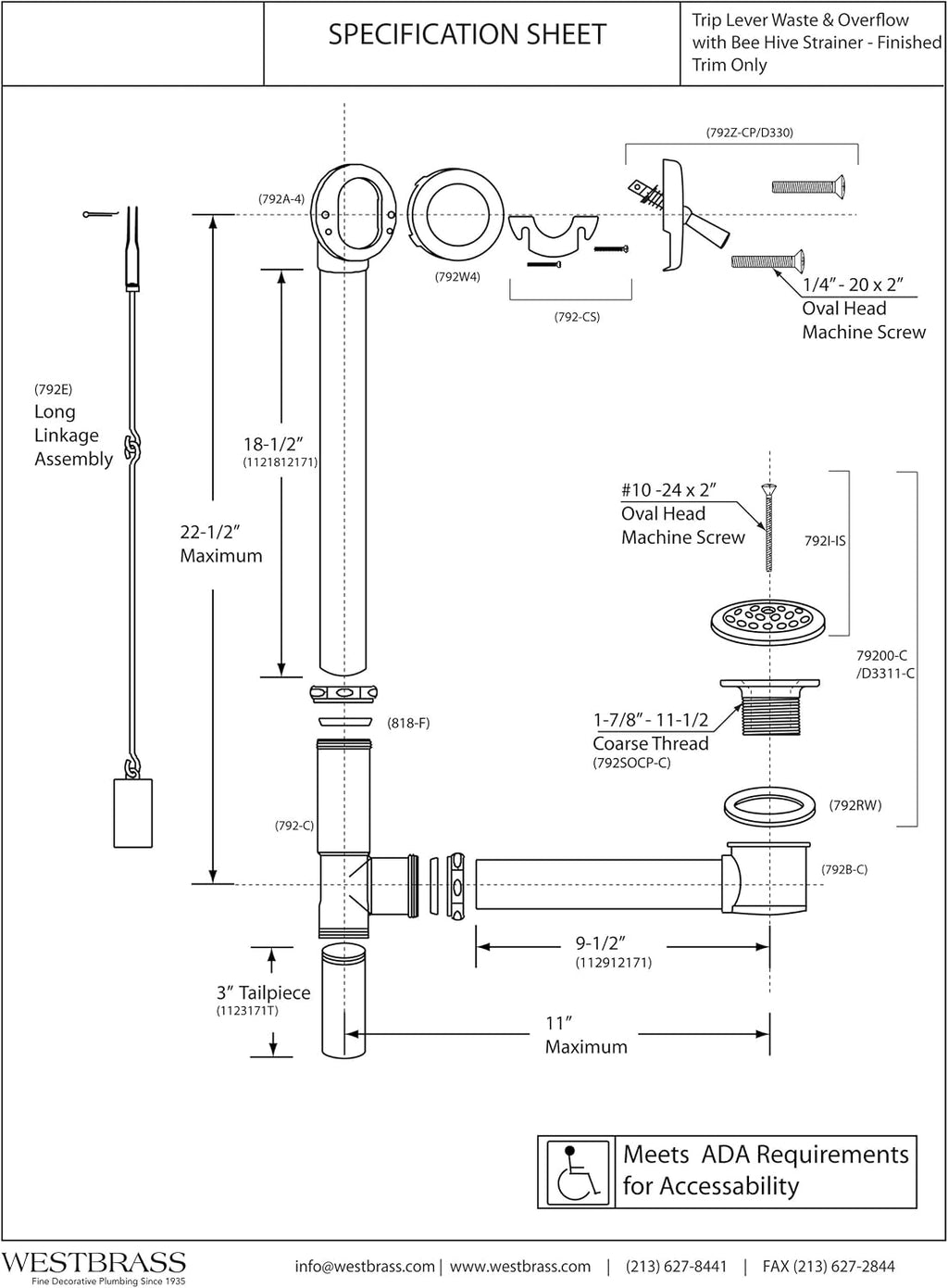Westbrass A324-01 22-1/2' Bath Waste & Overflow Assembly with Trip Lever and Beehive Strainer Grid Drain, Polished Brass