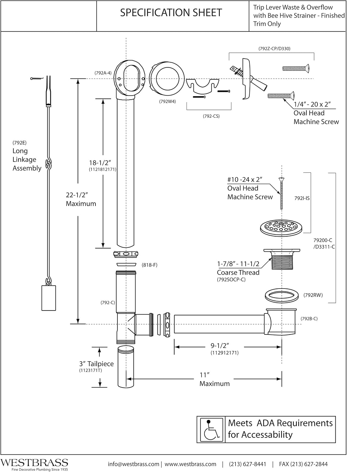 Westbrass A324-01 22-1/2' Bath Waste & Overflow Assembly with Trip Lever and Beehive Strainer Grid Drain, Polished Brass