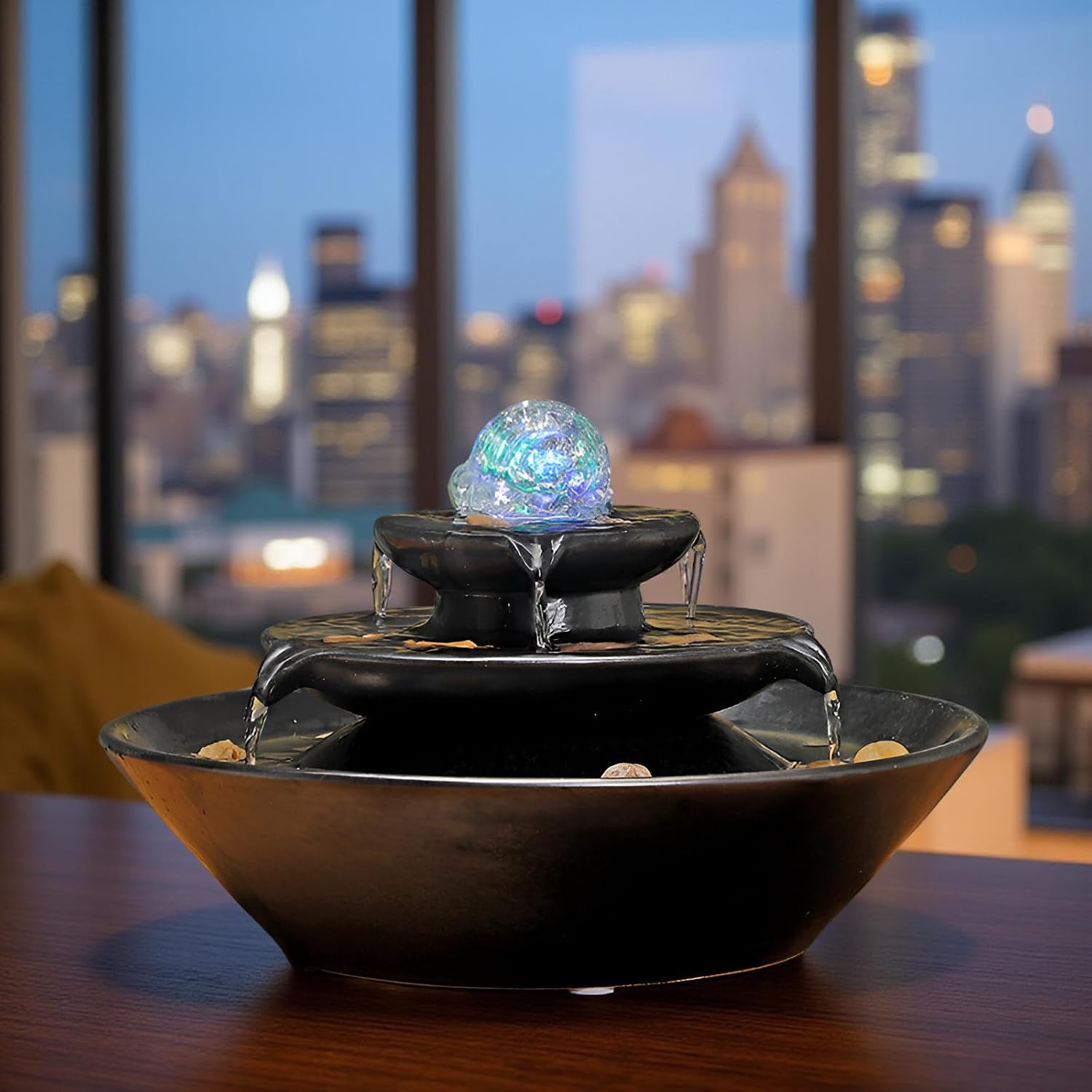 11.8' Indoor Tabletop Fountain, Ceramic Multi-Tier Waterfall with Crystal Ball & Fish Tank Feature, Free 10pcs Natural Crystals, Zen Home/Office/Entryway Decor, Housewarming Gift(Black)
