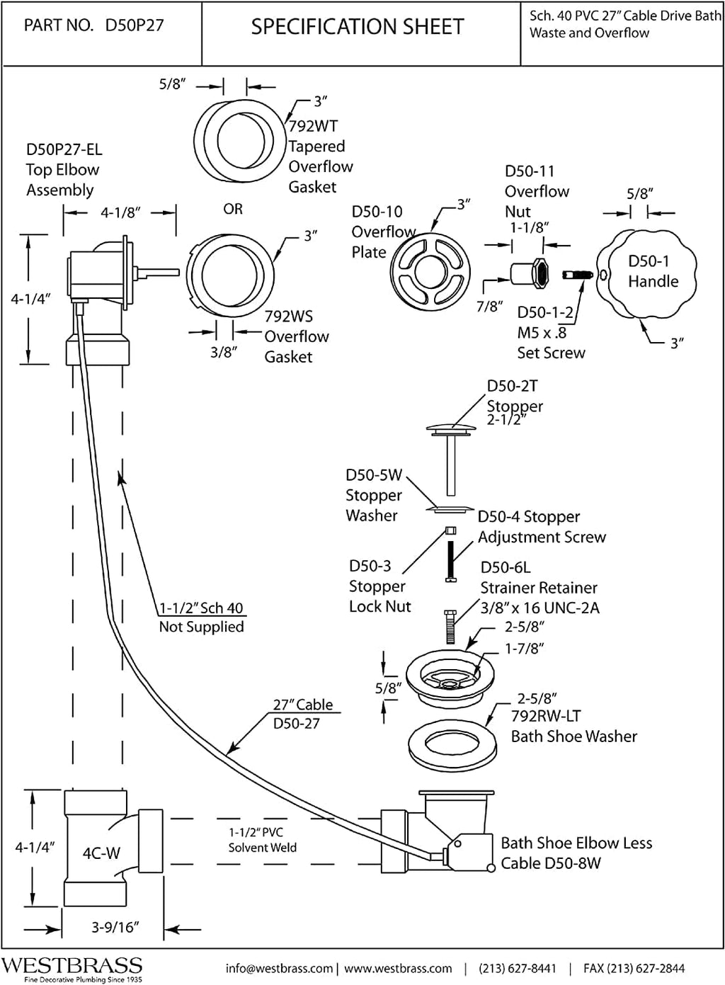 Westbrass D50A27-26 27' Cable Drive Standard Bath Drain Trim Kit with Rotary Overflow Cover Knob, Pop-Up Stopper and Sch. 40 ABS Fittings, Polished Chrome (12-Pack)