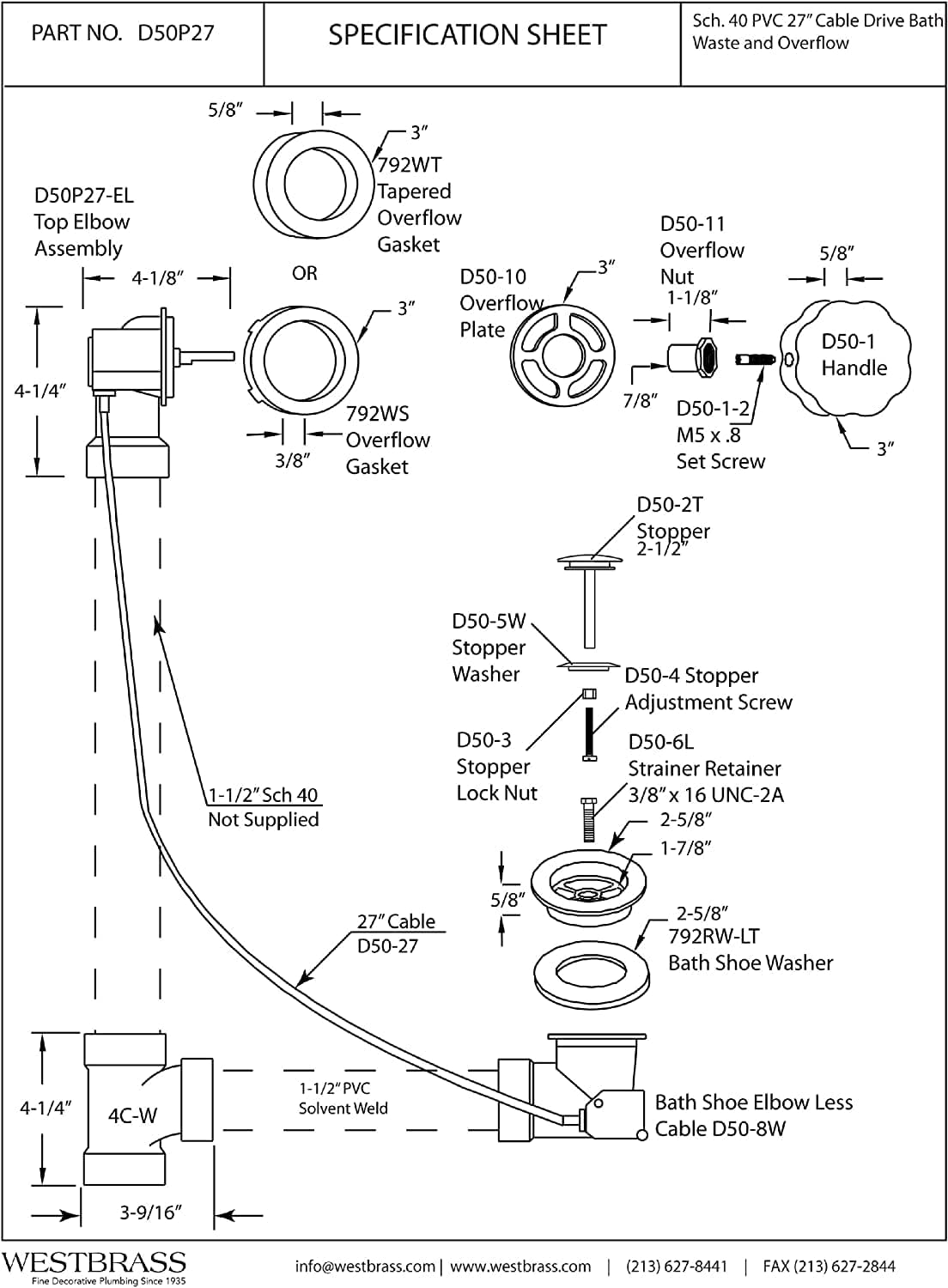 Westbrass D50A27-07 27' Cable Drive Standard Bath Drain Trim Kit with Rotary Overflow Cover Knob, Pop-Up Stopper and Sch. 40 ABS Fittings, Satin Nickel (12-Pack)