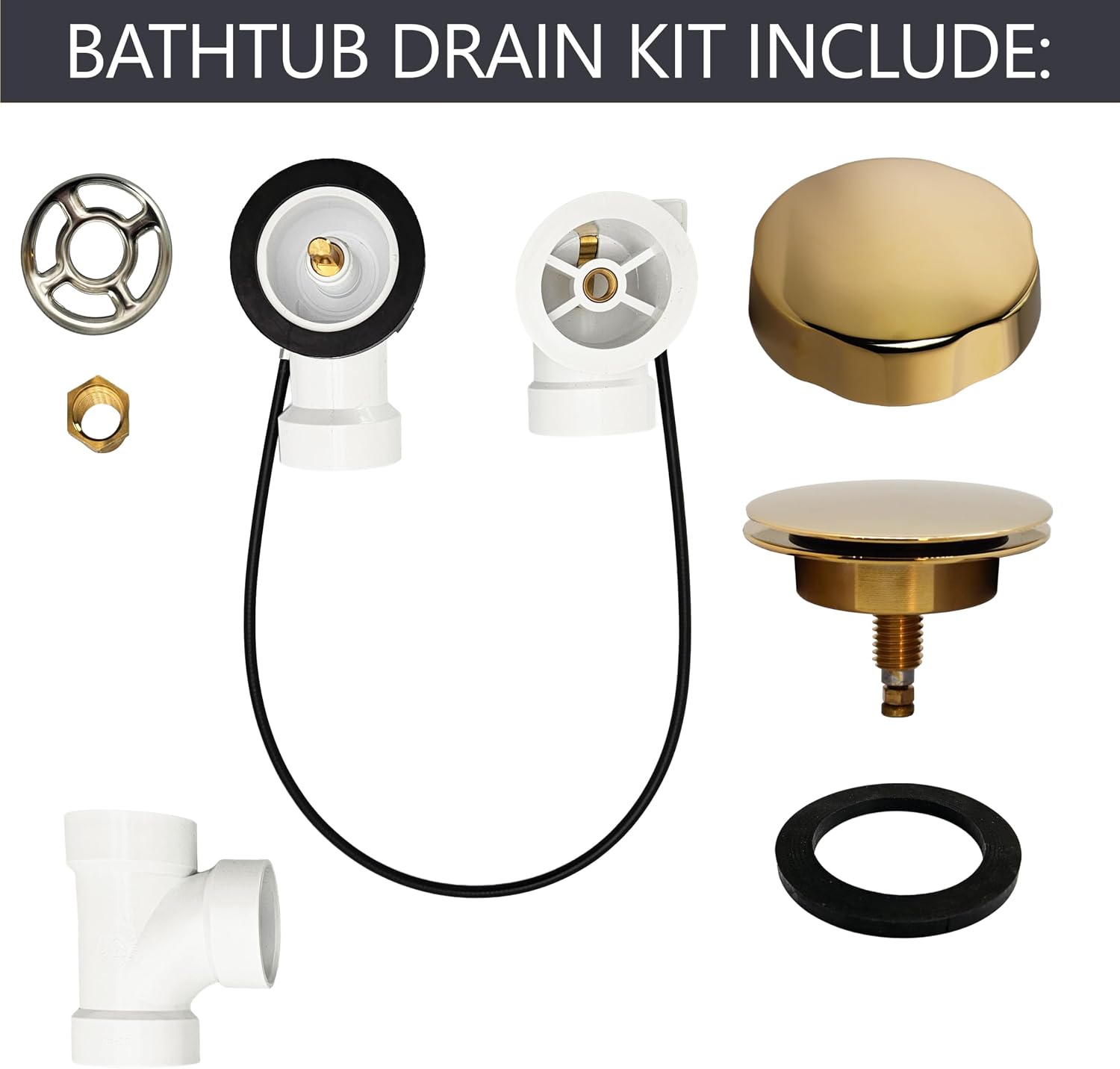 Westbrass A50P45-01 45' SCH. 40 PVC Cable Driven Bath Drain Trim Kit with Rotary Overflow Cover Knob and Pop-Up Stopper, Polished Brass