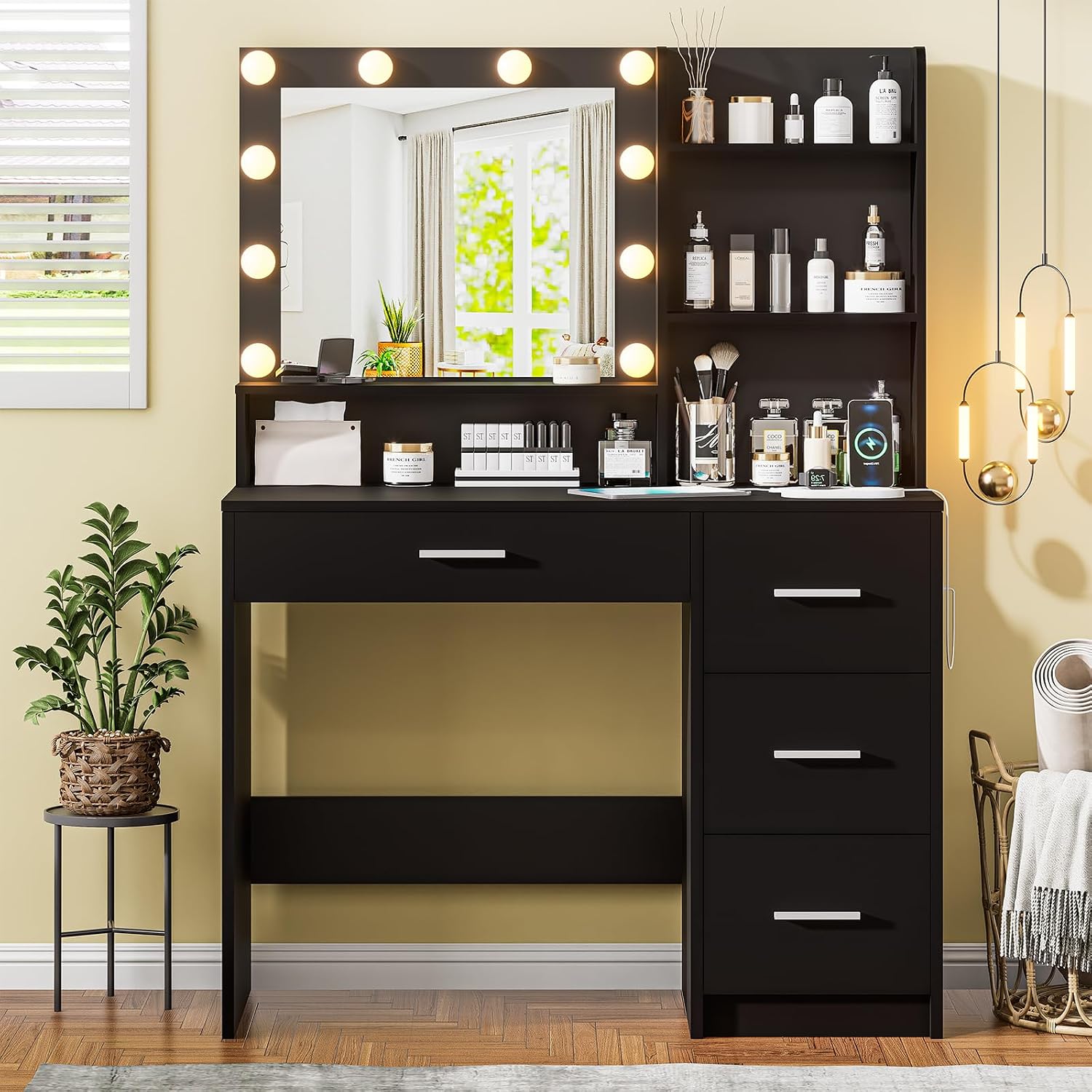 Vanity Desk with Lighted Mirror, Black Vanity with 4 Drawers,Makeup Vanity with Storage Shelves and Power Outlet,10 Lights with 3 Color Modes Brightness Adjustable for Girls' Bedroom (Black)
