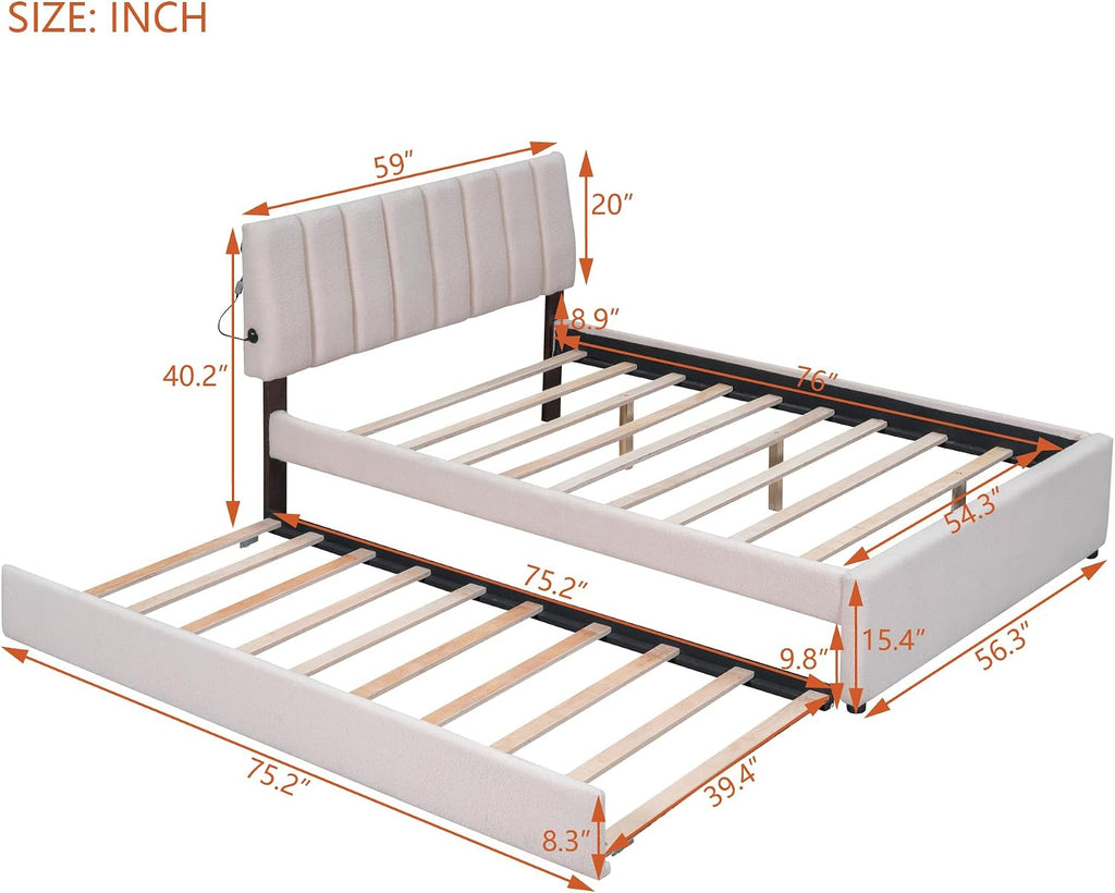 Ball & Cast Full Szie Upholstered Bed Frame with LED Light and Trundle,Teddy Fleece Platform Bed w/Channel Tufted Headboard &Wooden Slats Support,No Box Spring Needed, for Bedroom,Beige