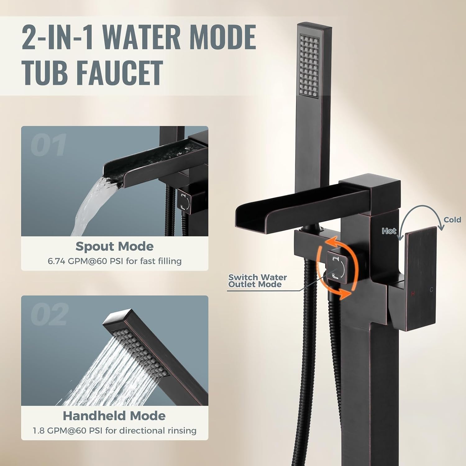 Freestanding Tub Faucet Oil Rubbed Bronze: ALEASHA High Flow Max 6.74 GPM Free Standing Tub Filler-Brass Modern Floor Mount Bathtub Faucet with Handheld Shower, for the Ultimate Elegant SPA Experience