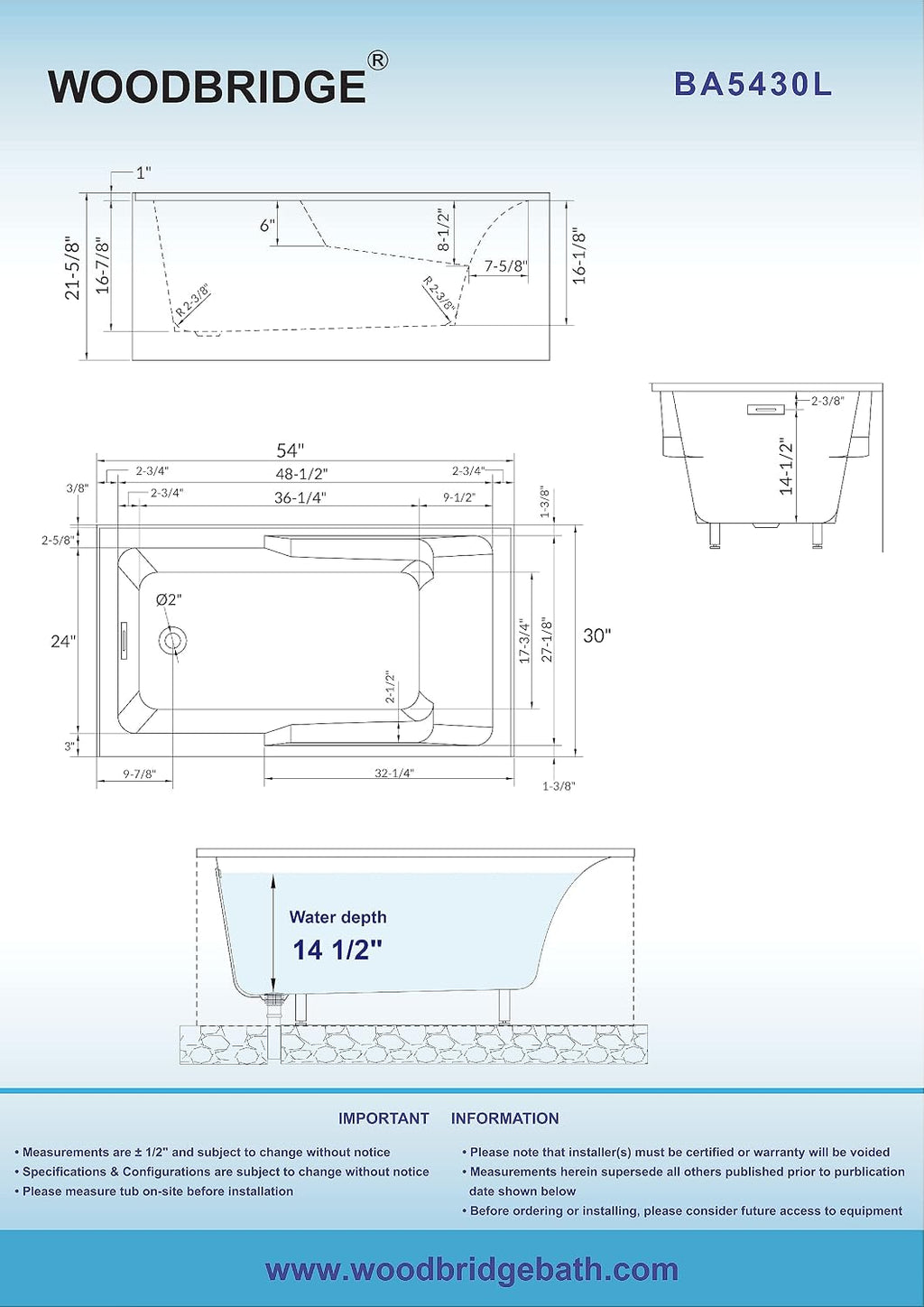 WOODBRIDGE 54' Acrylic Rectangular Alcove Soaking Bathtub in White with Left Drain, Oil Rubbed Bronz pop-UP Drain Included BA5430L