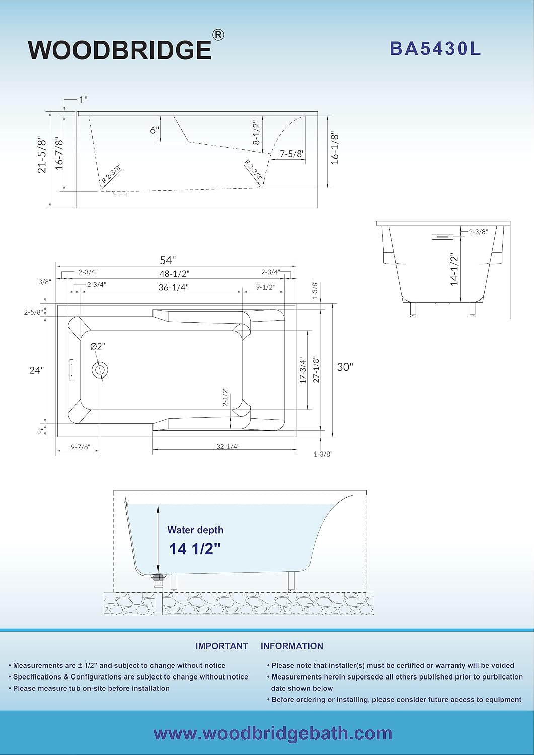 WOODBRIDGE 54' Acrylic Rectangular Alcove Soaking Bathtub in White with Left Drain, Oil Rubbed Bronz pop-UP Drain Included BA5430L
