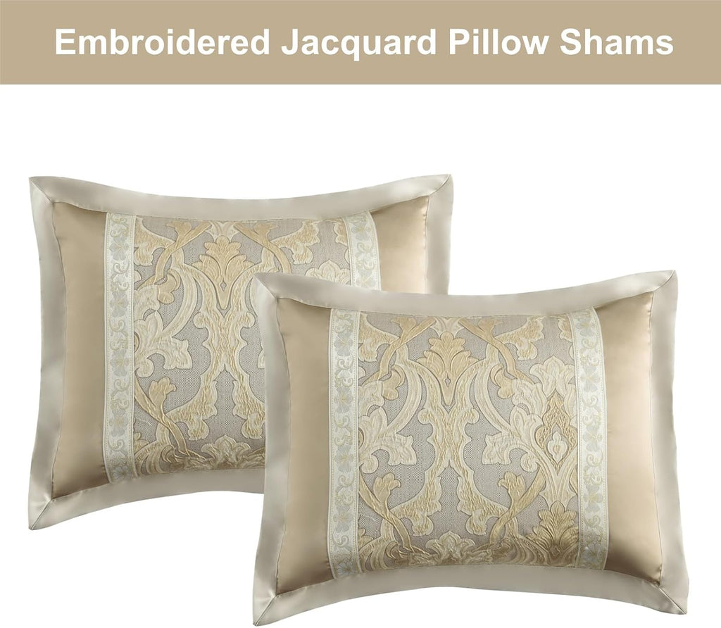Bedduvit Luxury 7 Piece Bed in Bag, Vintage Damask Jacquard Thick California King Comforter Set, Luxurious Genuine Patchwork Cal King Bedding Set with Bed Skirt, Decor Pillows, Shams, Gold/Beige/Cream