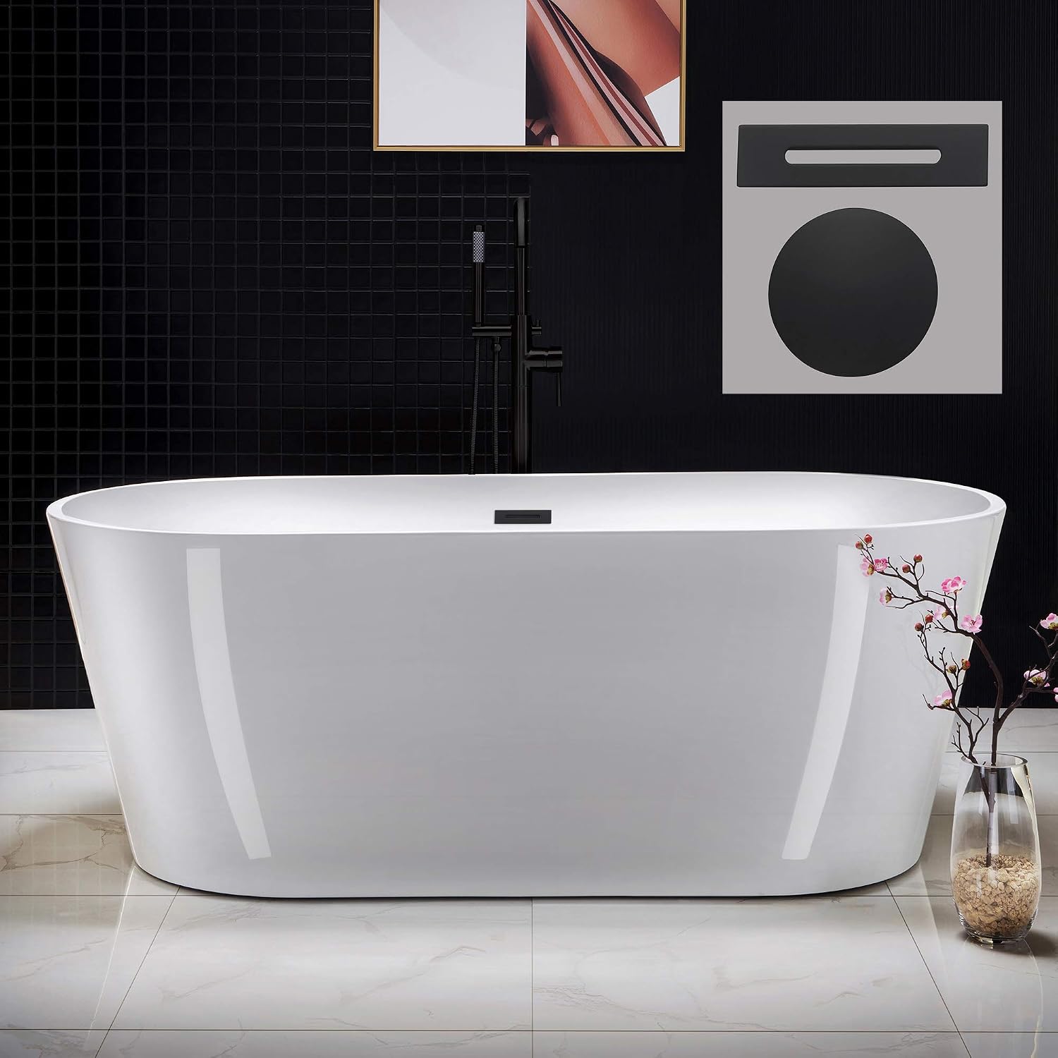 WOODBRIDGE 67' Acrylic Freestanding Bathtub Contemporary Soaking White Tub with Matte Black Overflow and Drain，B0013 -MB-Drain &O