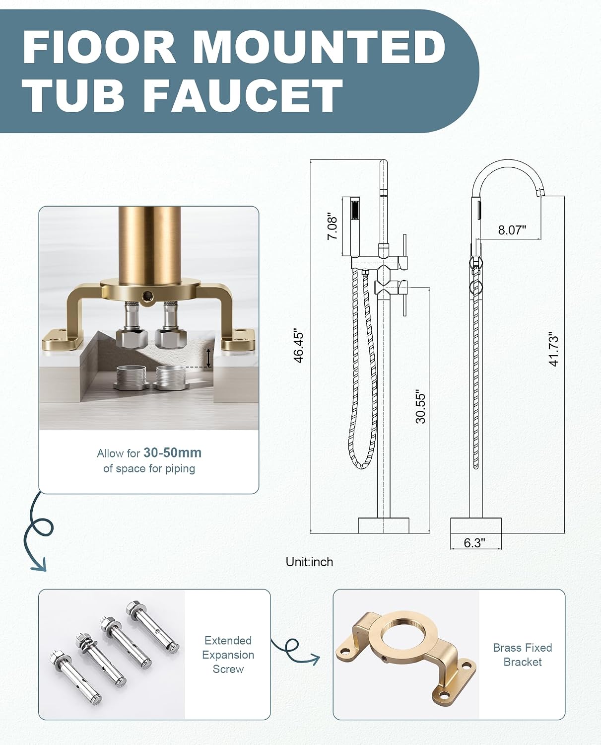 Freestanding Bathtub Faucet Brushed Gold, Floor Mount Tub Filler, High Flow Brass Shower Faucets with Handheld Sprayer for Bath