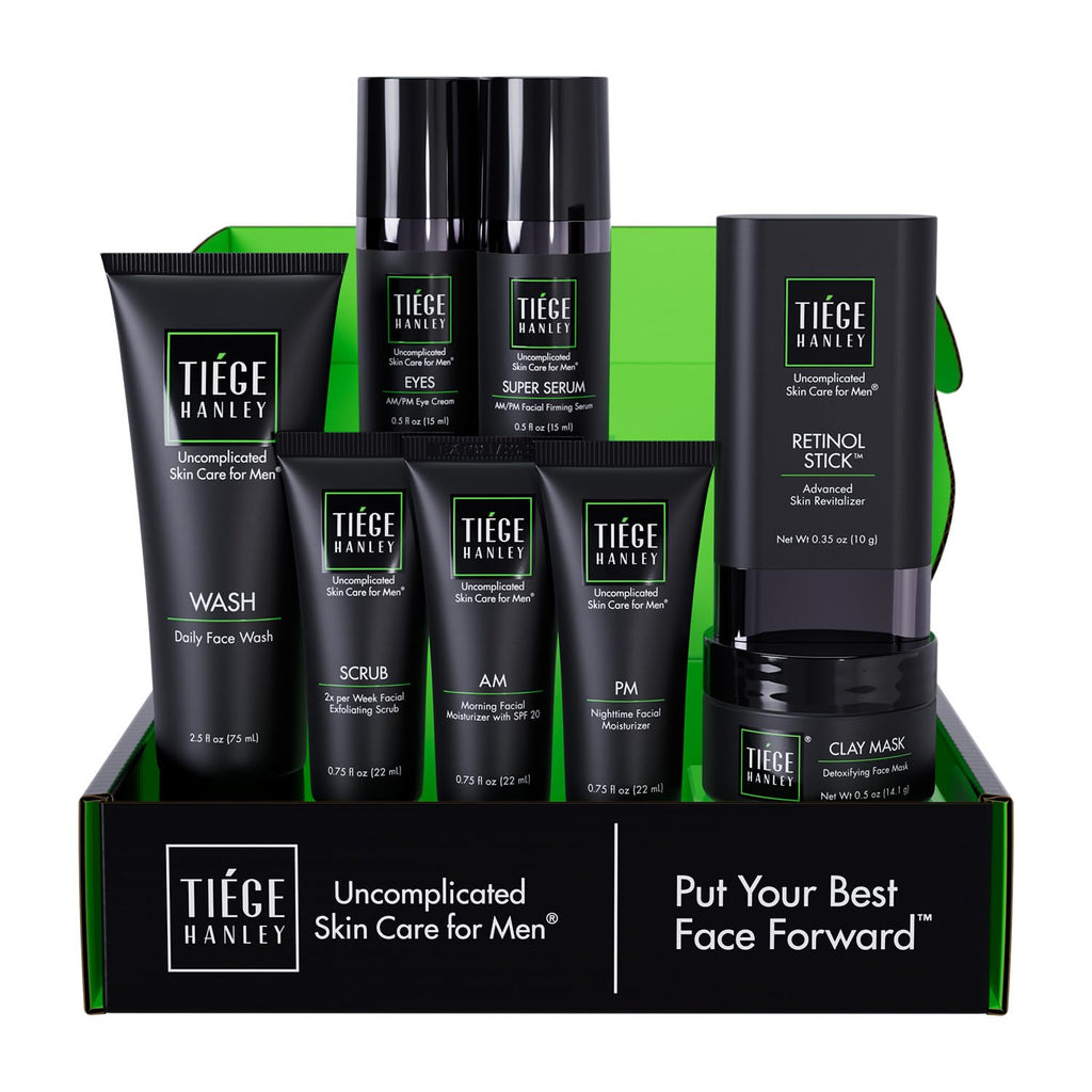 Tiege Hanley Skin Care Set for Men, Rejuvenation Routine, System Level 5, Face Wash, Scrub, Moisturizers, Eye Cream, Serum, Clay Mask, & Retinol Stick for Healthy Skin, Men's Skin Care, 8 Piece Kit
