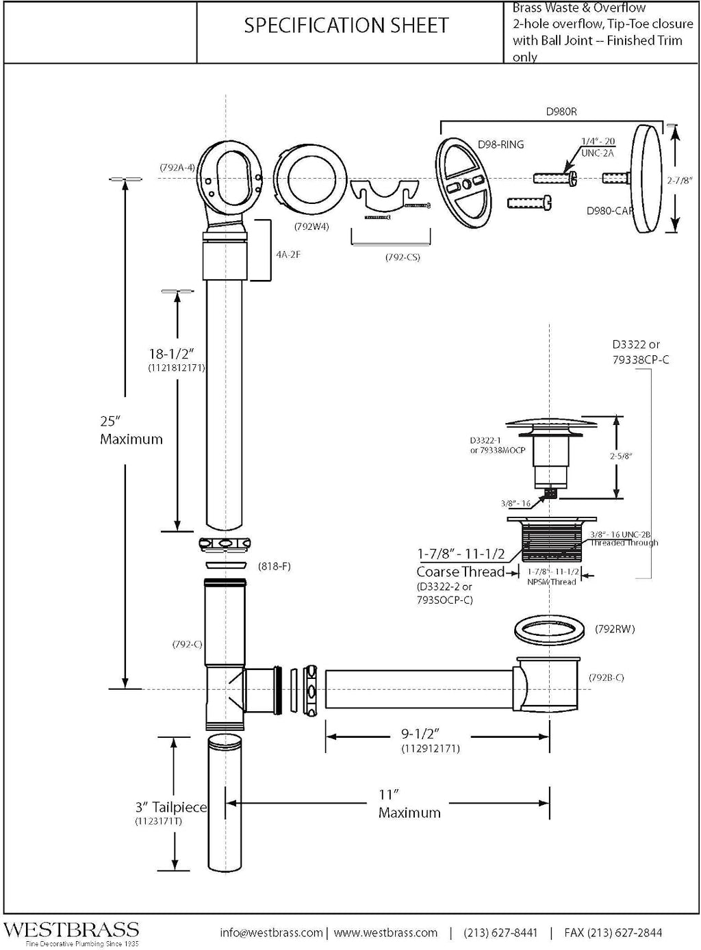 Westbrass A326HBJ-12 25' Brass Bath Waste & Overflow Assembly with European Tip-Toe Drain Plug and Illusionary Faceplate, Oil Rubbed Bronze