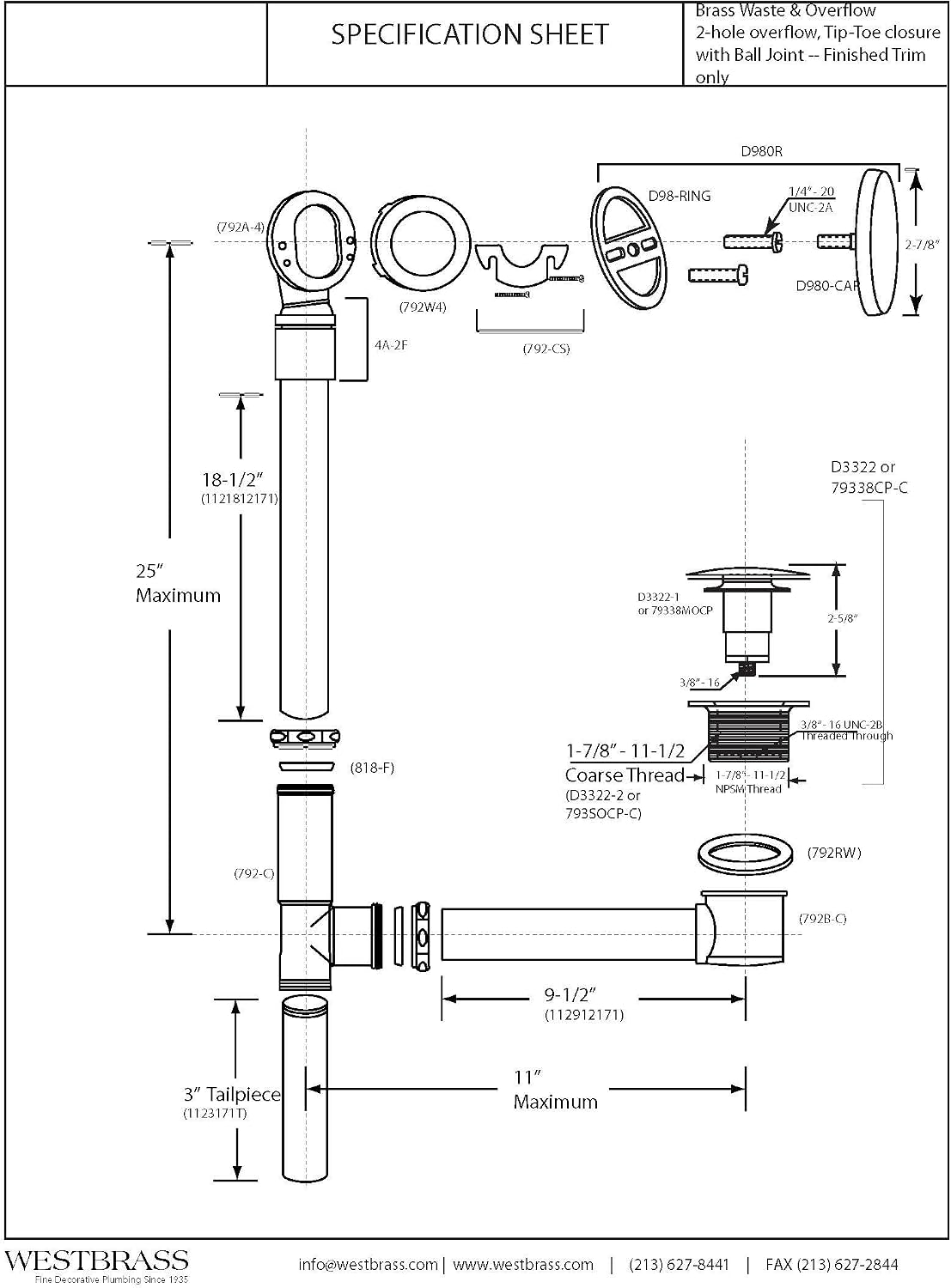 Westbrass A326HBJ-12 25' Brass Bath Waste & Overflow Assembly with European Tip-Toe Drain Plug and Illusionary Faceplate, Oil Rubbed Bronze