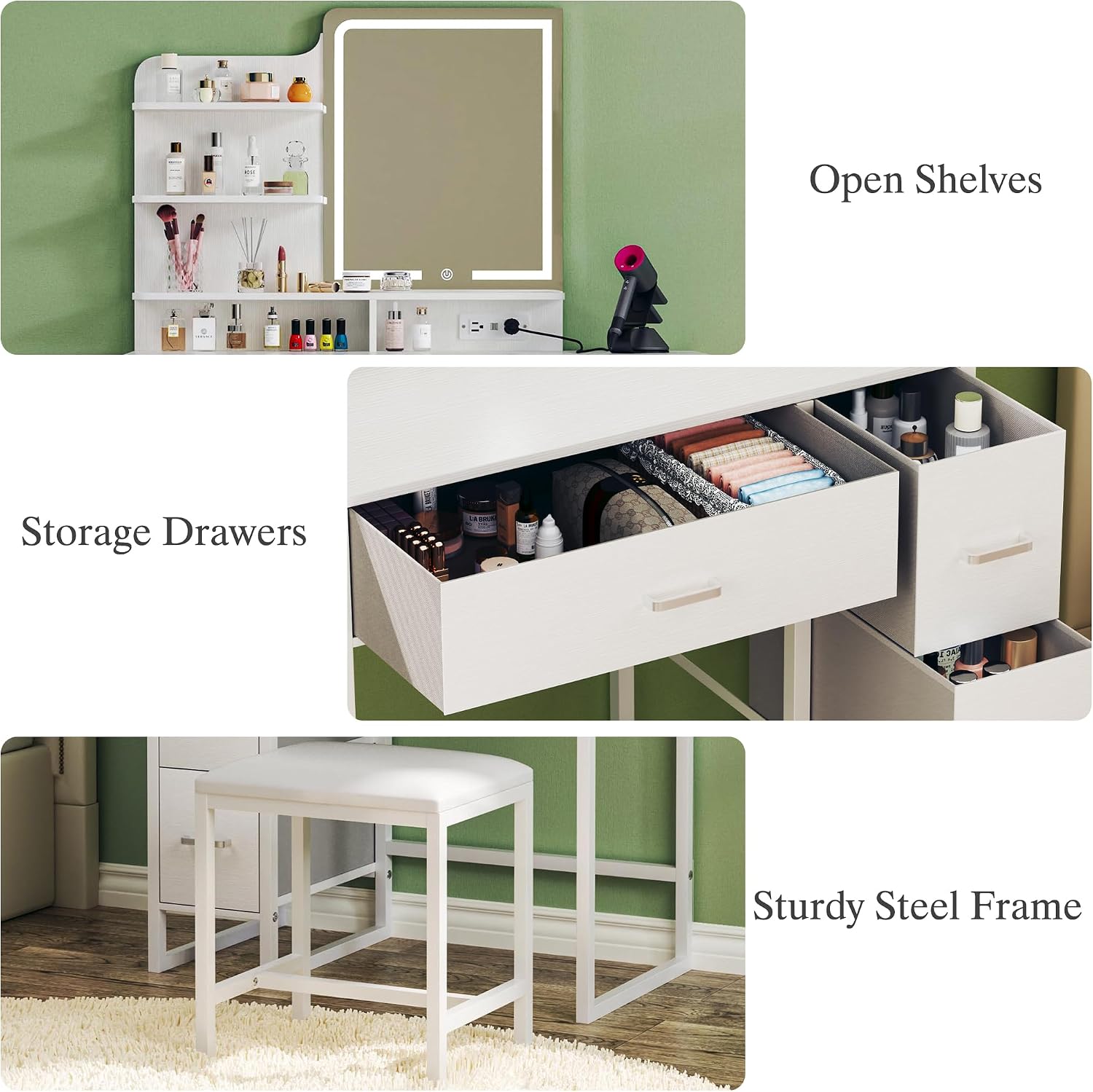 ALEXNUTRE Makeup Vanity Desk with Mirror and Lights, 36.6' Small Makeup Vanity with 4 Fabric Storage Drawer & Chair & Shelves, White Vanity with Fold-up Panel and Power Outlet for Bedroom