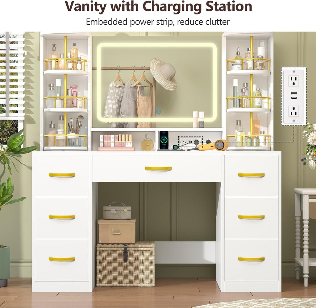 Vanity Desk with Mirror and Lights, White Makeup Vanity Table with 360° Rotating Shelves, Large Vanity Desk with 7 Drawers, Power Outlet, Dressing Table Set with Lighted Mirror Adjustable, for Bedroom