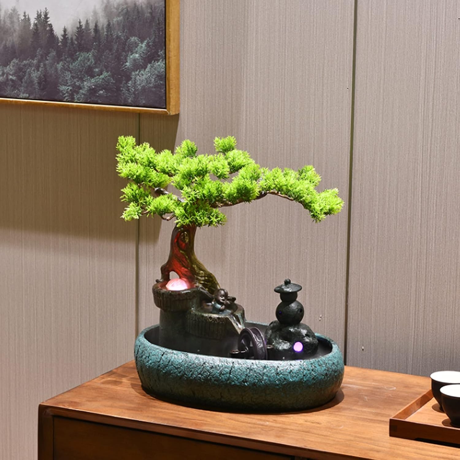 Desktop Fountain Ceramic Tabletop Fountain Artificial Bonsai Design Water Features Relaxation Waterfall Table Ornaments for Home Living Room Office Decoration(Green)