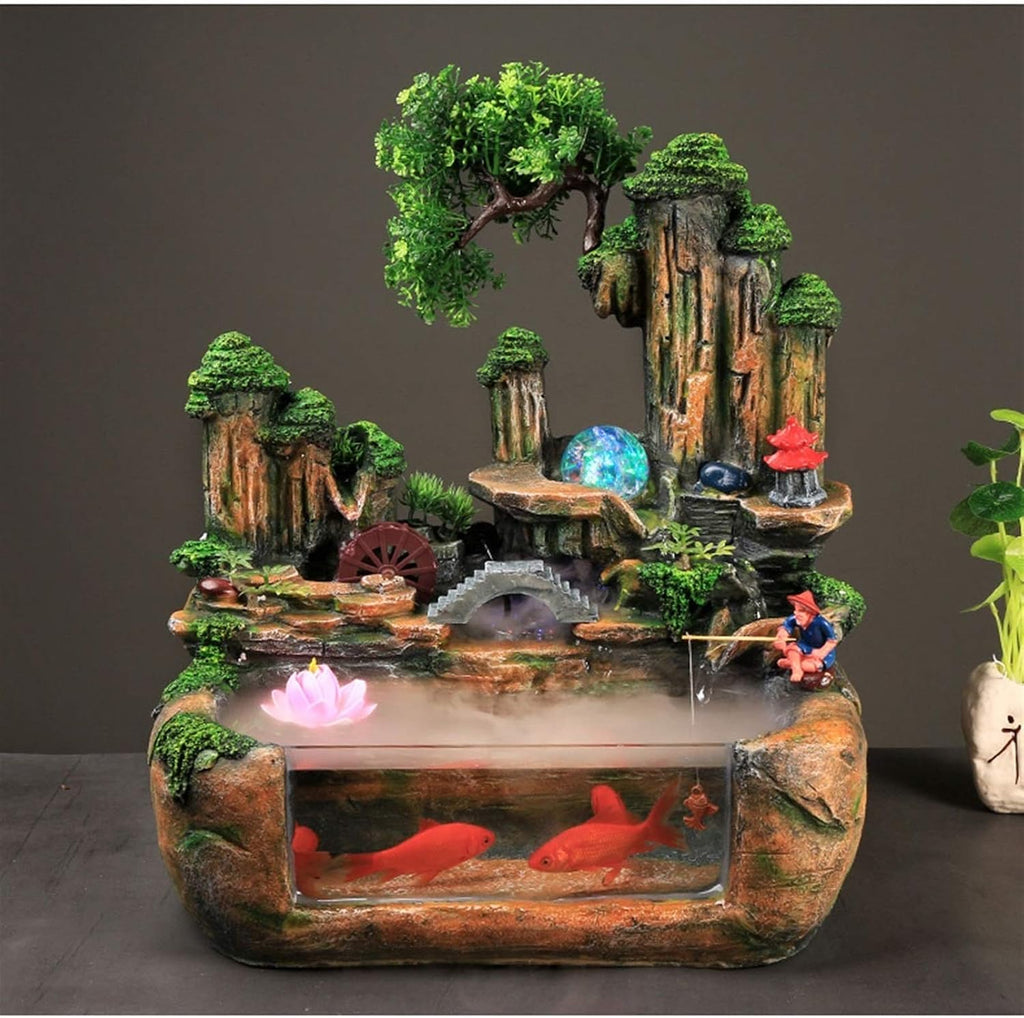 Tabletop Fountain and Transparent Fish Tank Indoor Fountain Waterfall Decoration Gift，Resin，40×25×40cm