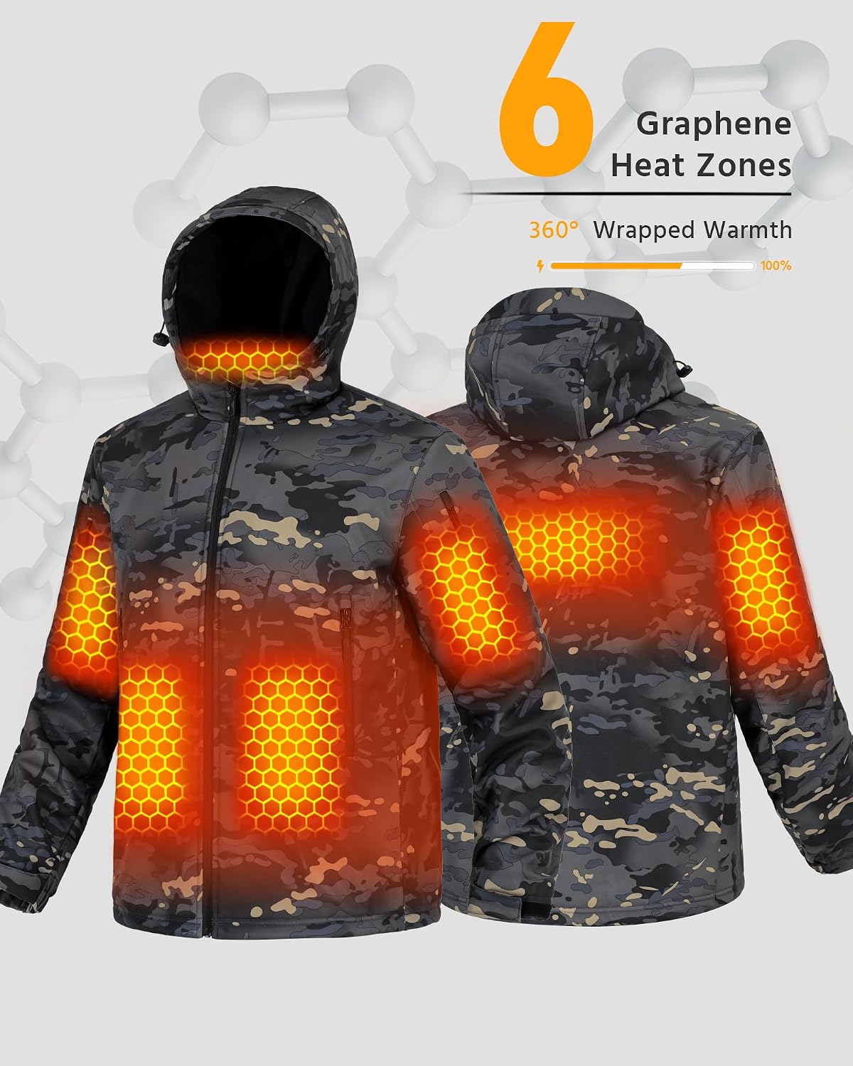 Wulcea Graphene Heated Soft Shell Jacket for Men 12V 18400mAh Large Capacity