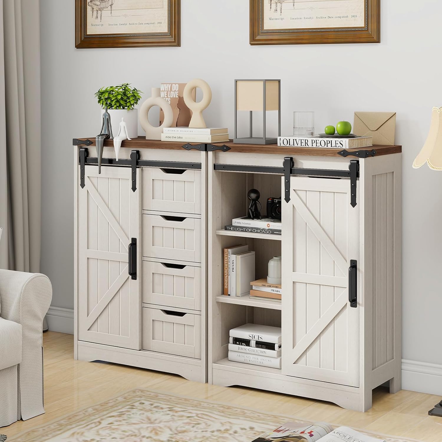 Halitaa Farmhouse Bathroom Floor Storage Cabinet with 4 Drawers, Bathroom Cabinet with Sliding Door, Rustic Storage Organizer for Kitchen, Living Room, Rustic Style, White
