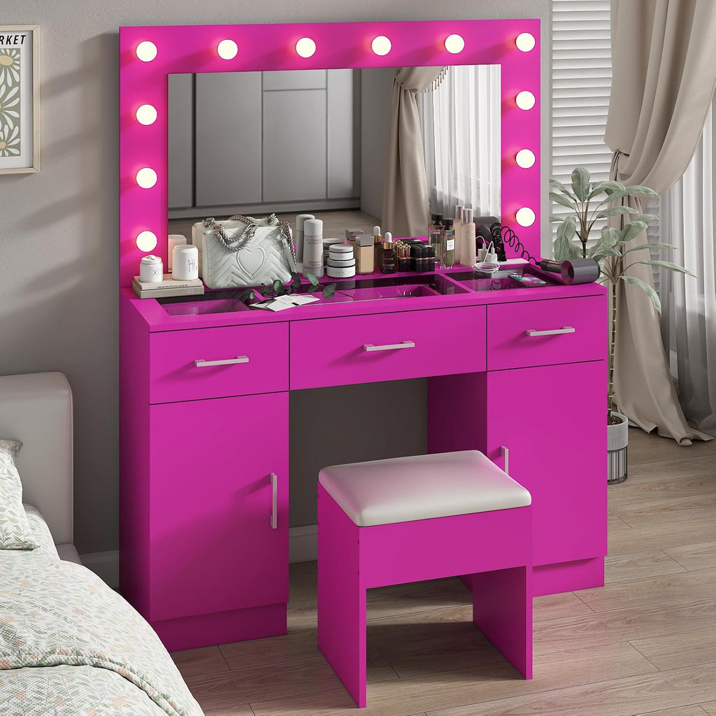 VINGLI Vanity Desk with LED Lighted Mirror & Padded Stool, Makeup Table with Drawers & Cabinets & Power Outlet & Glass Top & 12 Light Bulbs with 3 Colors for Dressing Room Bedroom, Bright Pink