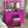 VINGLI Vanity Desk with LED Lighted Mirror & Padded Stool, Makeup Table with Drawers & Cabinets & Power Outlet & Glass Top & 12 Light Bulbs with 3 Colors for Dressing Room Bedroom, Bright Pink