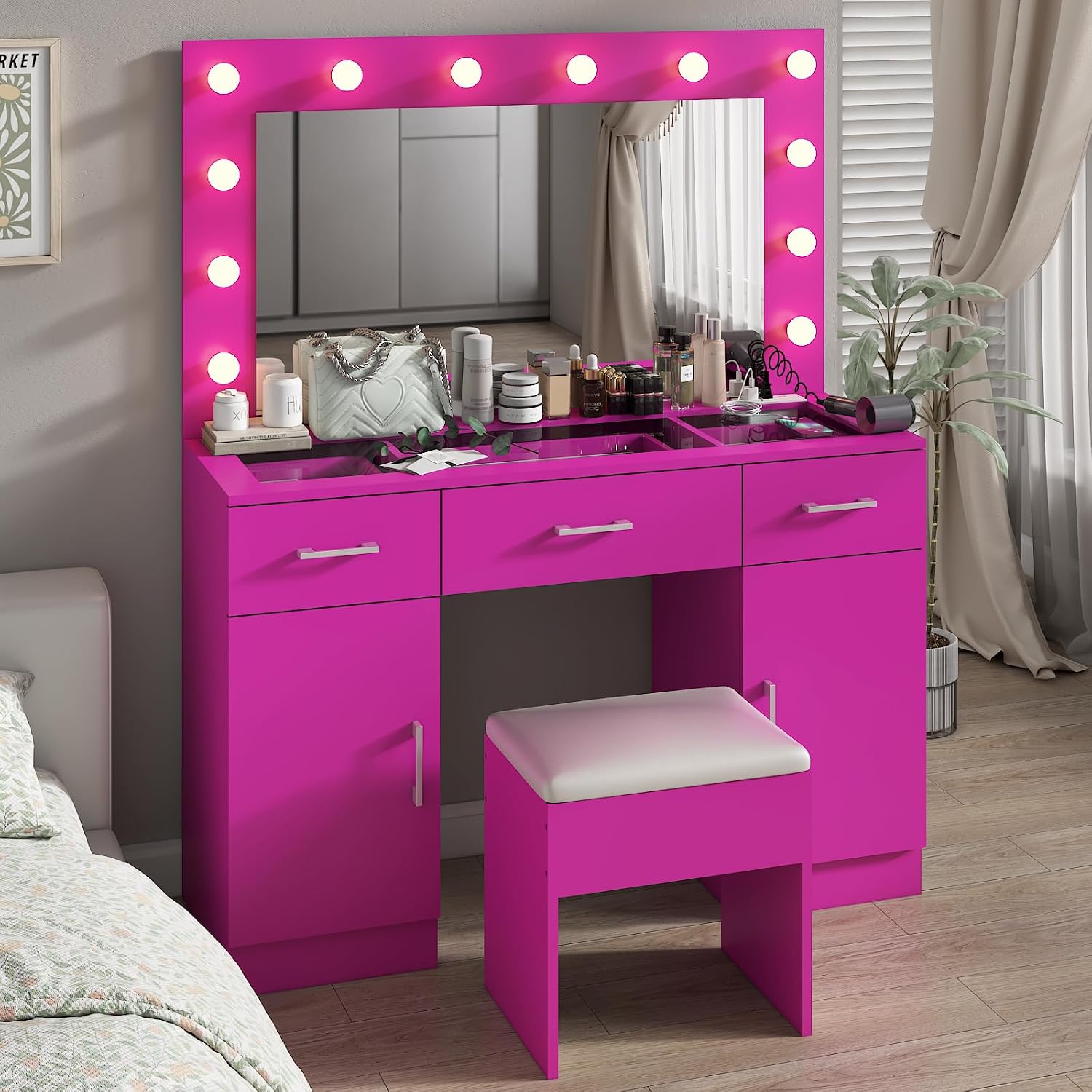 VINGLI Vanity Desk with LED Lighted Mirror & Padded Stool, Makeup Table with Drawers & Cabinets & Power Outlet & Glass Top & 12 Light Bulbs with 3 Colors for Dressing Room Bedroom, Bright Pink