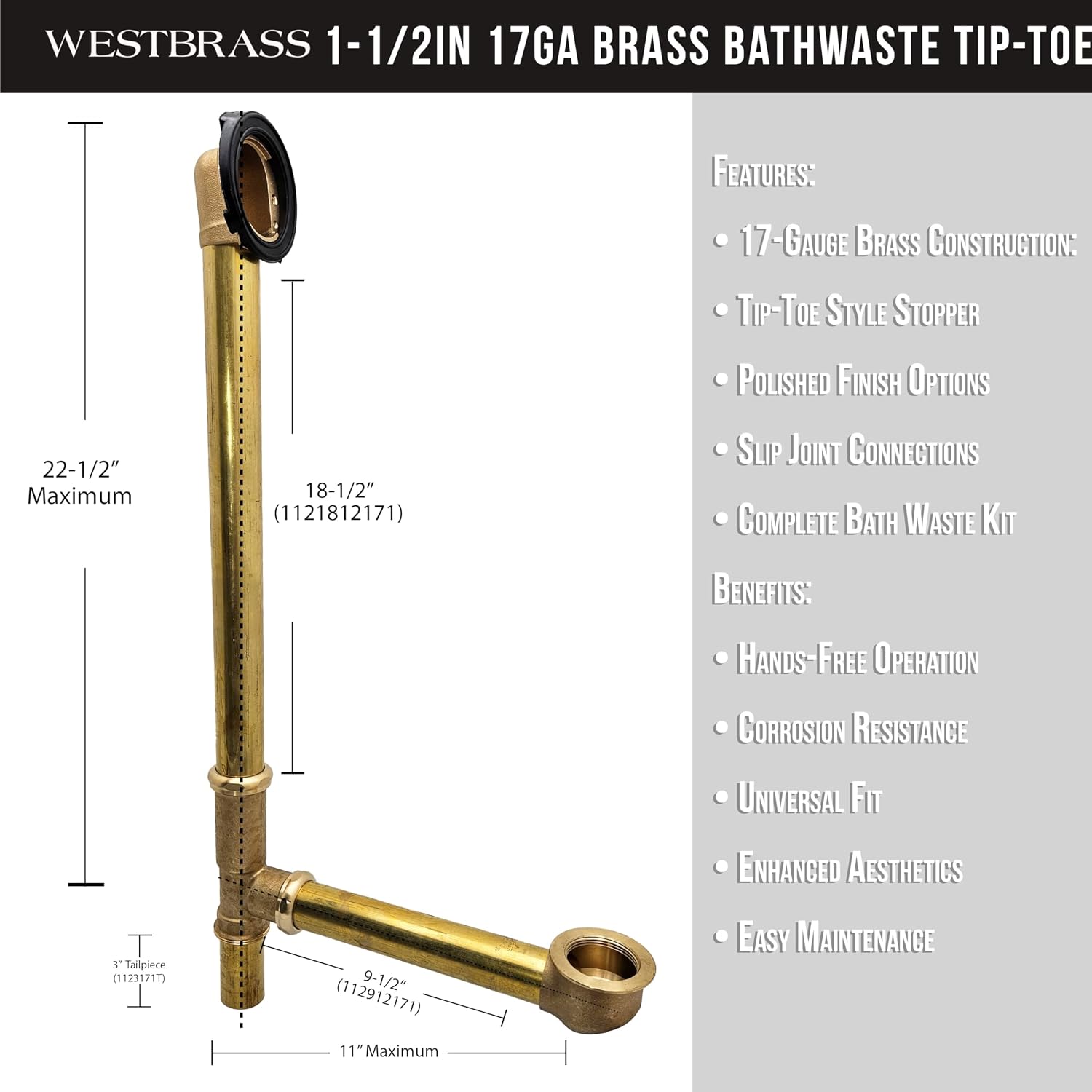 Westbrass A3264-50 22-1/2' Brass Bath Waste & Overflow Assembly with Pull Drain Plug and 2-Hole Faceplate, Powder Coat White