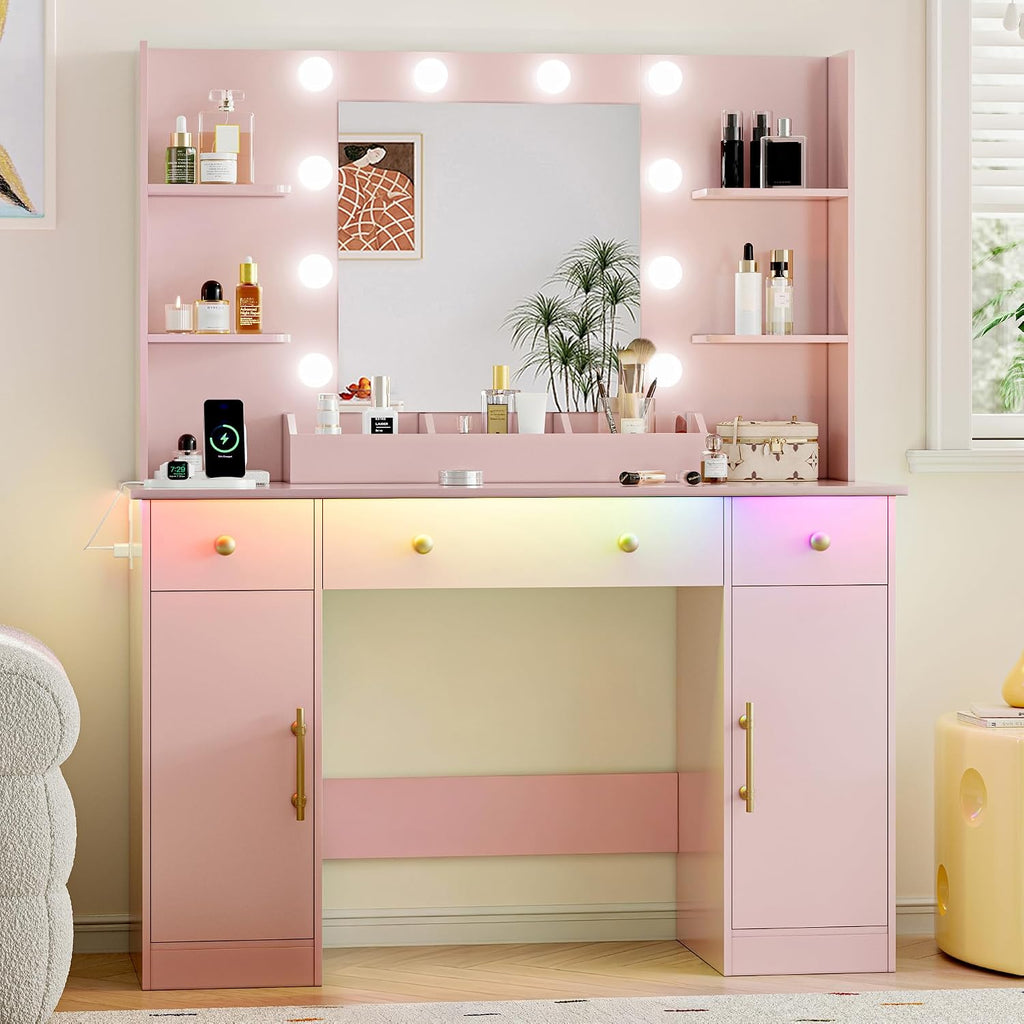 Vanity Desk with Mirror and Lights, 43'' Makeup Dressing Table Set with 5 Drawers & Power Outlet, 3 Lighting Modes Brightness Adjustable, Vanity with RGB Ambient Light for Women Girls Bedroom, Pink