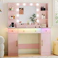 Vanity Desk with Mirror and Lights, 43'' Makeup Dressing Table Set with 5 Drawers & Power Outlet, 3 Lighting Modes Brightness Adjustable, Vanity with RGB Ambient Light for Women Girls Bedroom, Pink